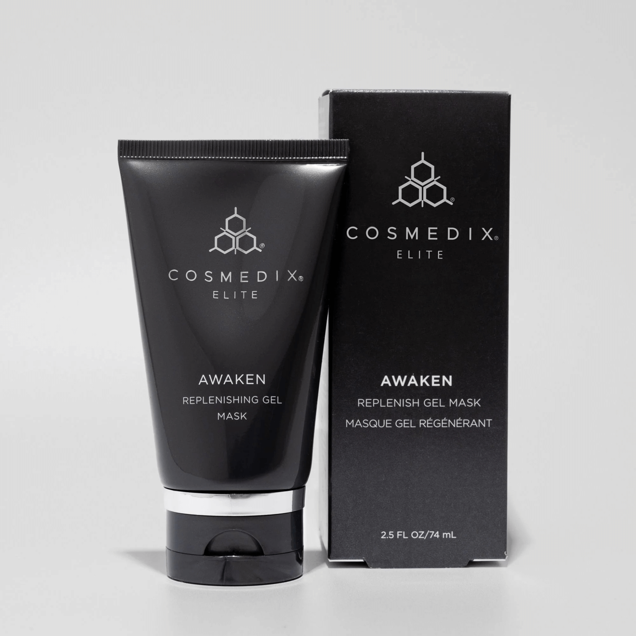 Cosmedix Elite Awaken Replenishing Gel Mask with packaging on a light grey background