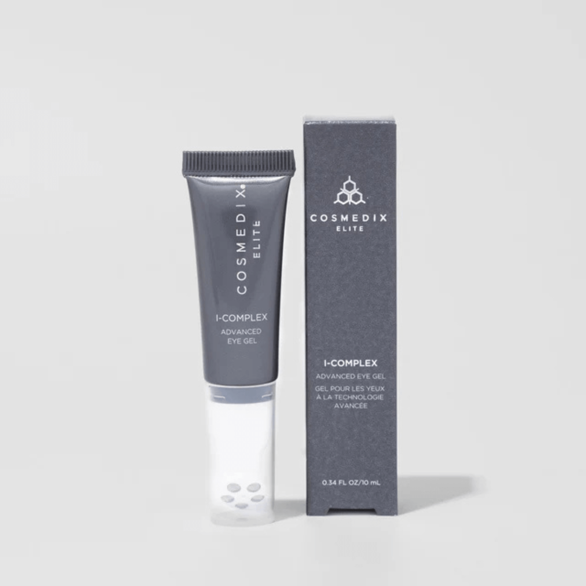 Cosmedix Elite i-complex packaging and eye cream tube on white background