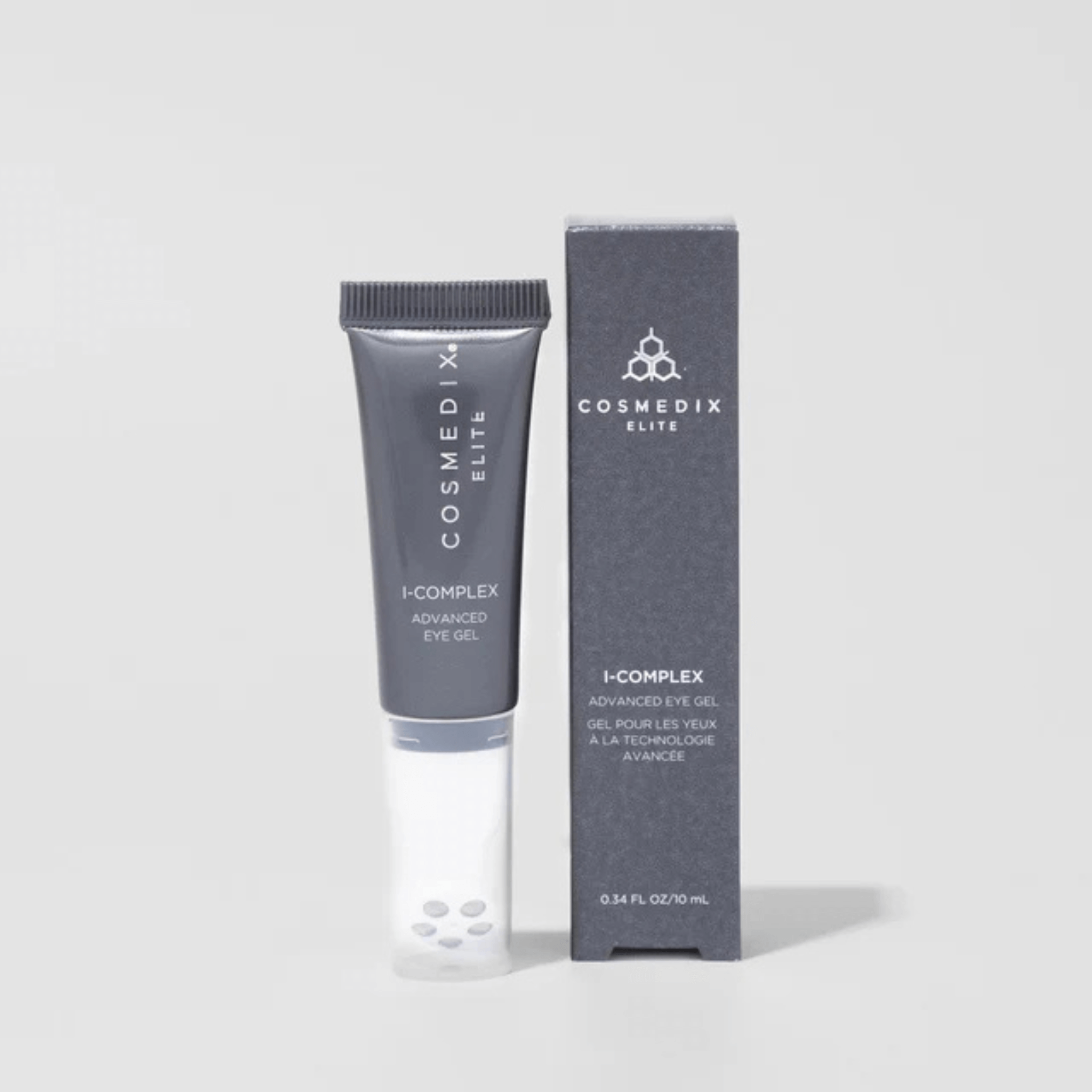 Cosmedix Elite i-complex packaging and eye cream tube on white background