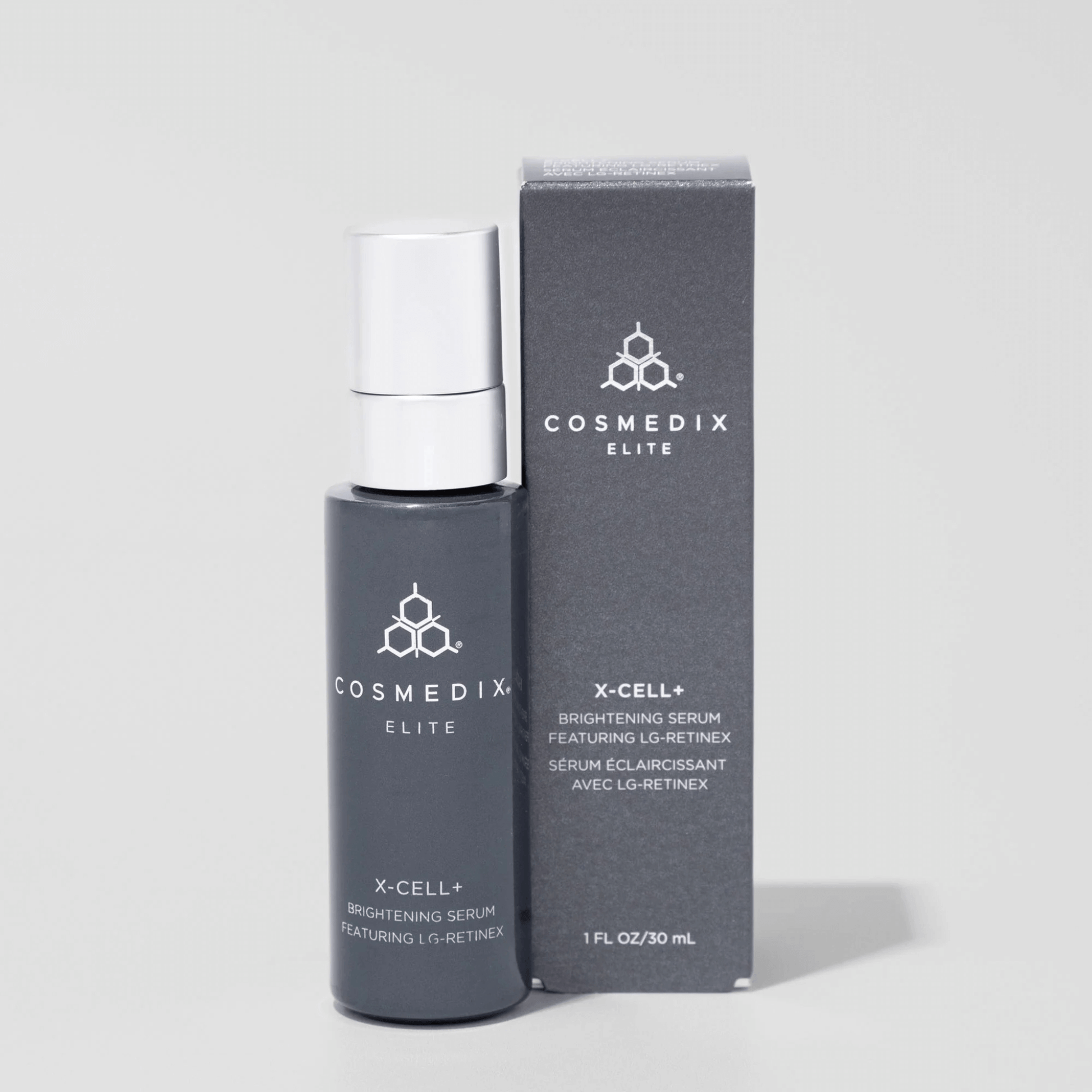 Cosmedix Elite X-Cell+ Brightening Serum bottle and packaging on a light grey background