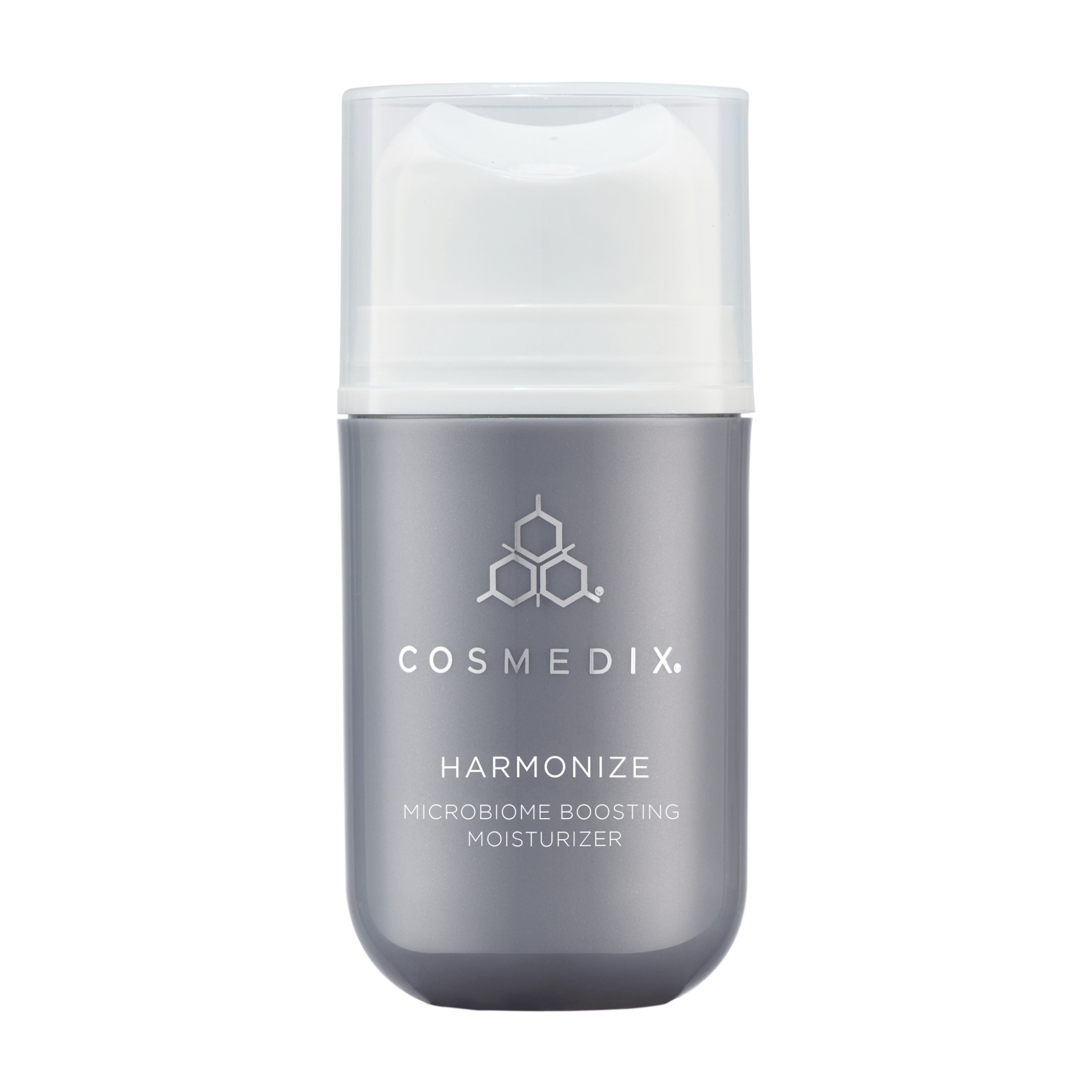 Cosmedix Harmonize moisturiser bottle on a white background