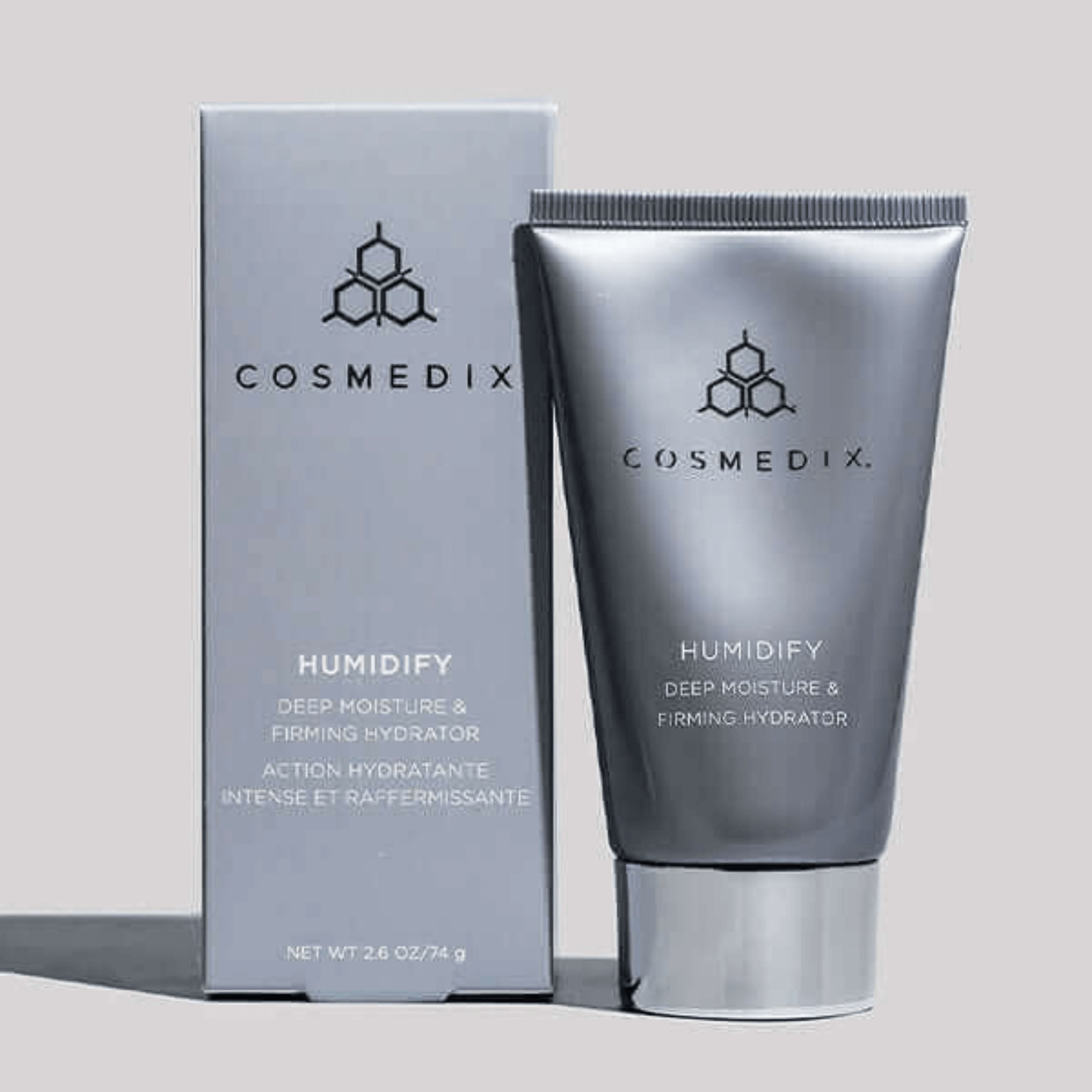 Cosmedix Humidify deep moisture and firming hydrator with packaging on a light grey background