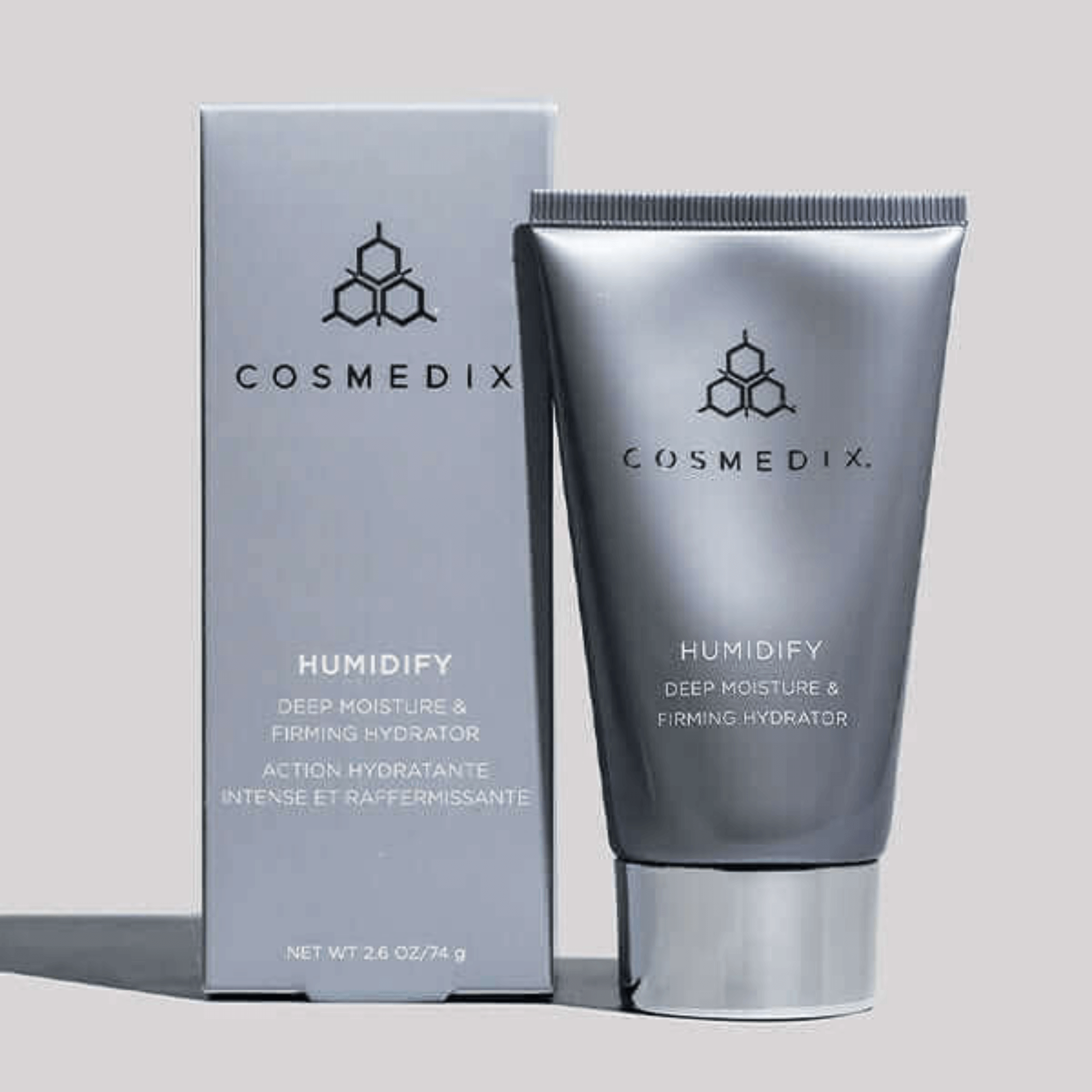 Cosmedix Humidify deep moisture and firming hydrator with packaging on a light grey background