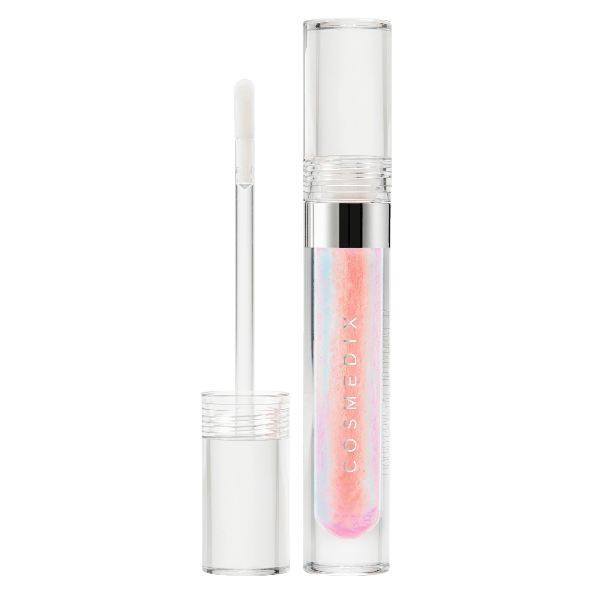Cosmedix lip gloss with applicator on a white background