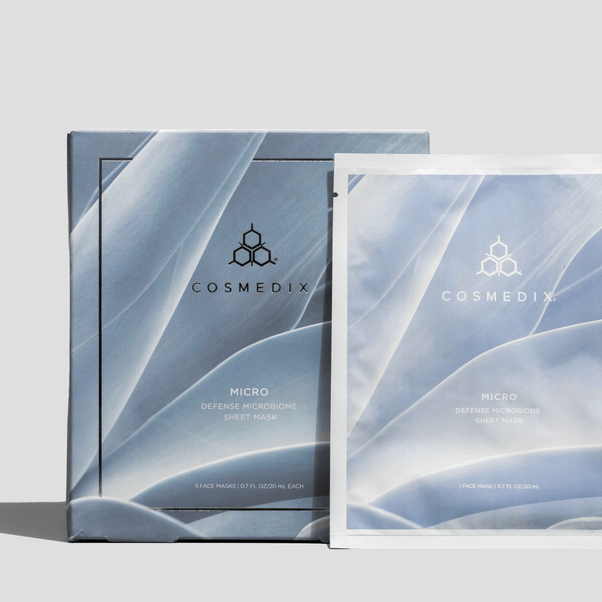 Cosmedix Micro defence microbiome sheet mask packaging on a light grey background