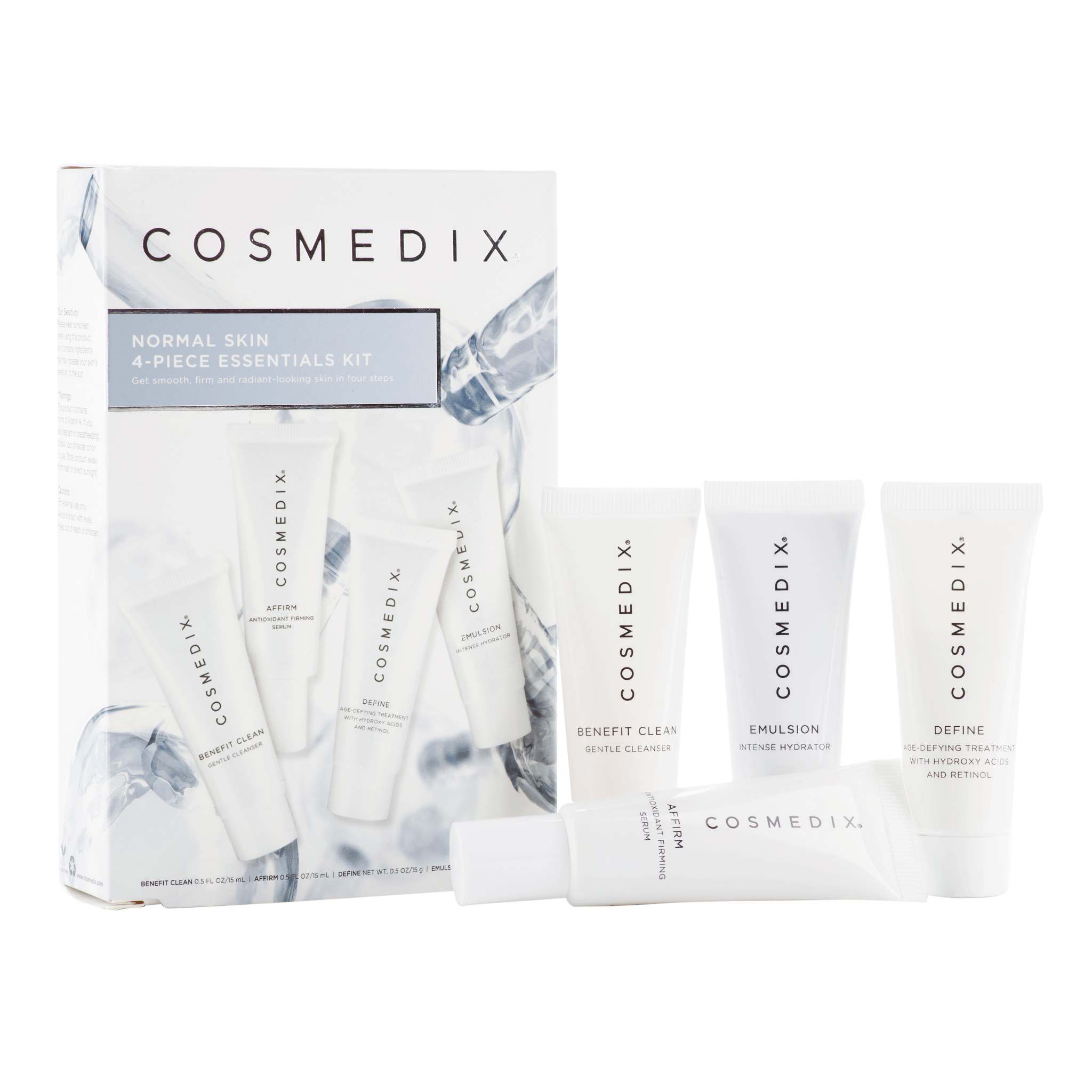 Cosmedix normal skin 4-piece essentials kit on a white background