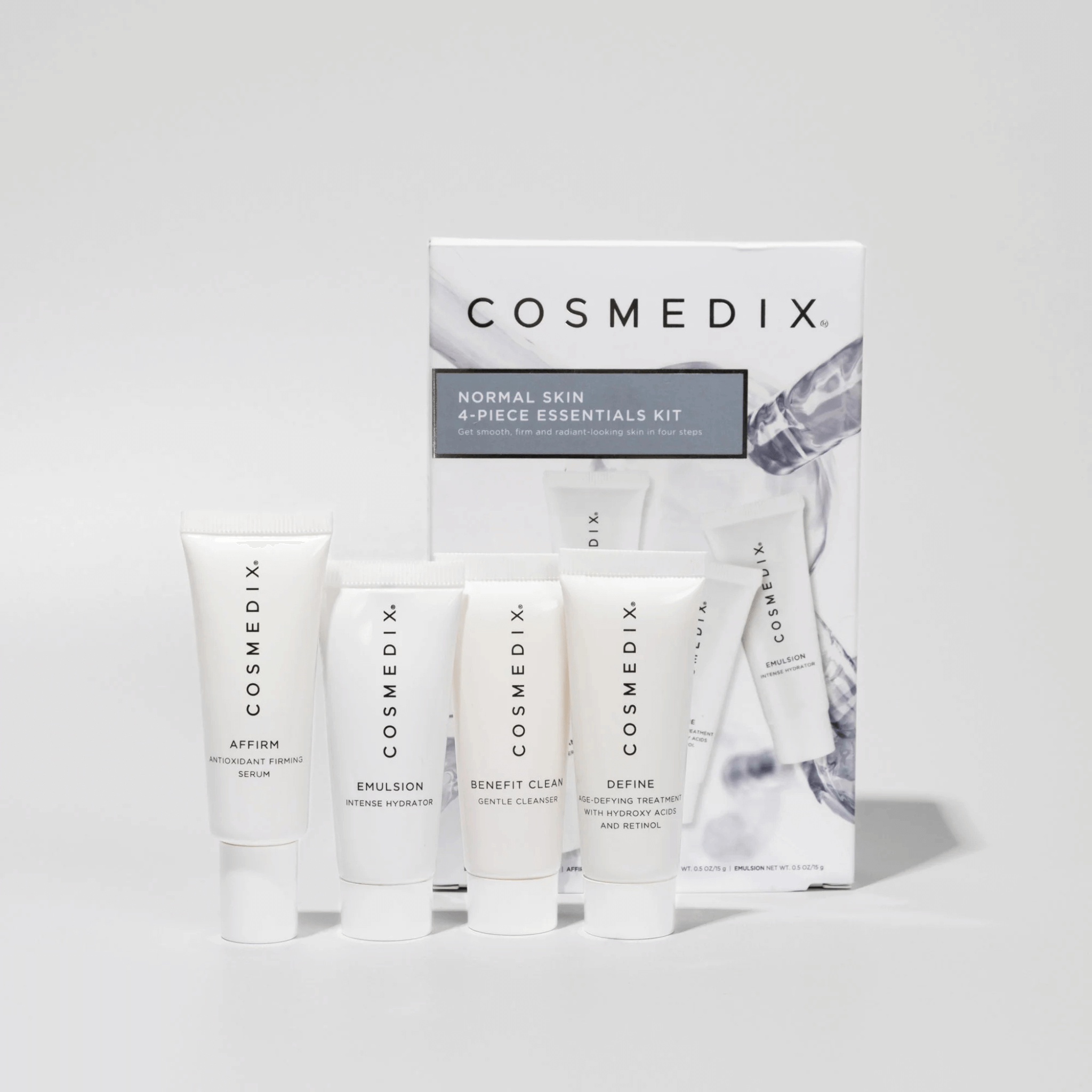 Cosmedix skincare product set with packaging on a white background