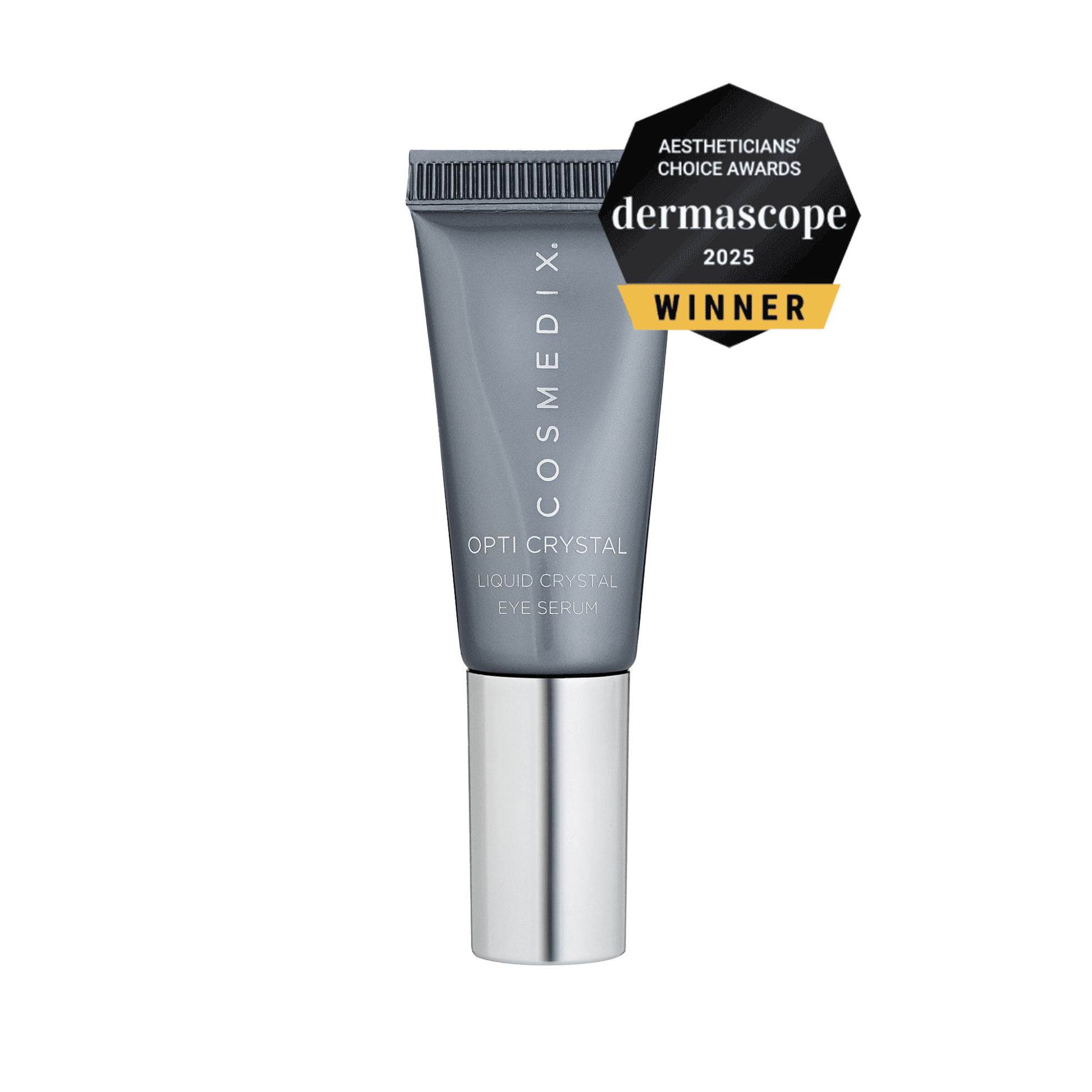 Cosmedix Opti Crystal eye serum with Dermascope 2025 award on a white background