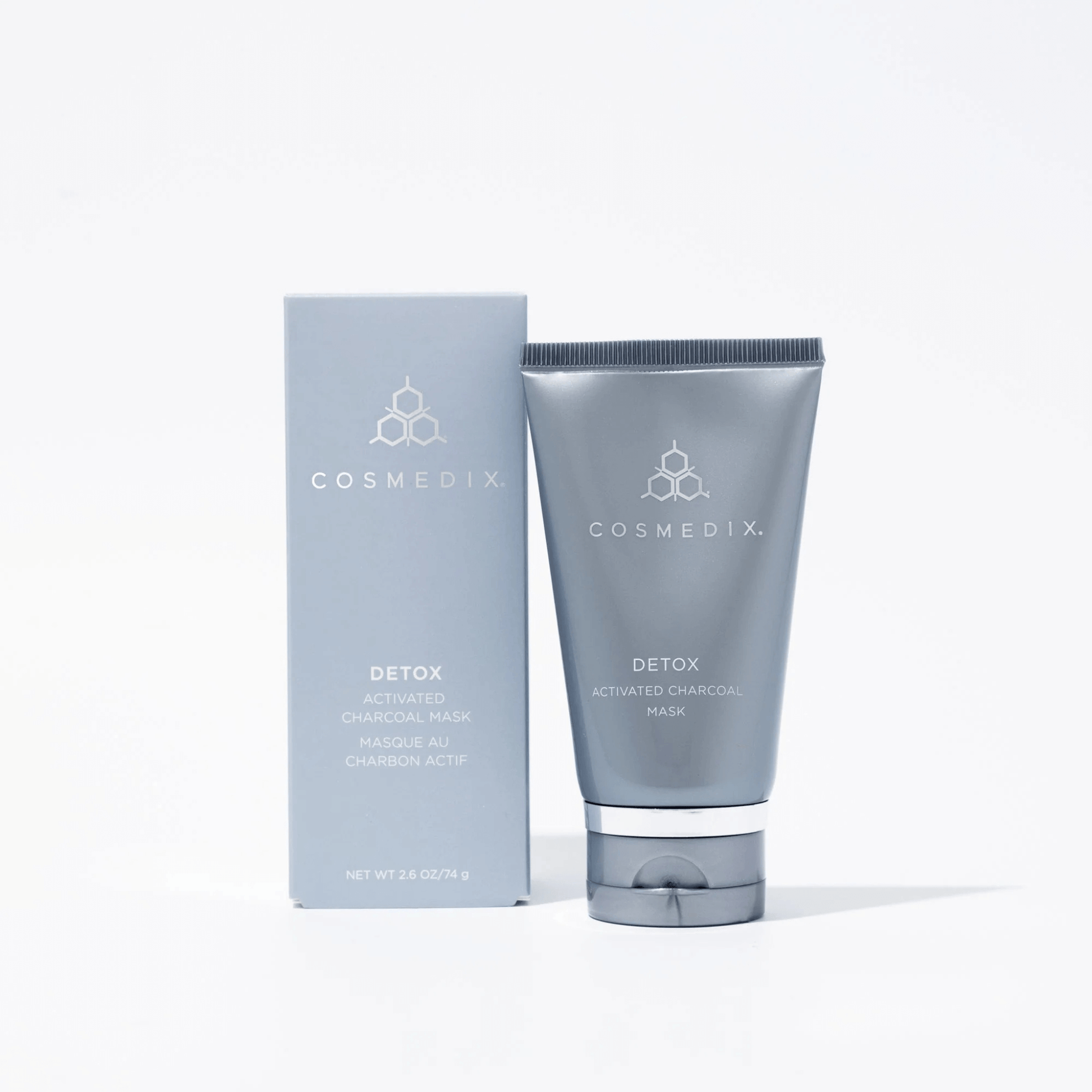 Cosmedix Detox charcoal mask with packaging on a white background