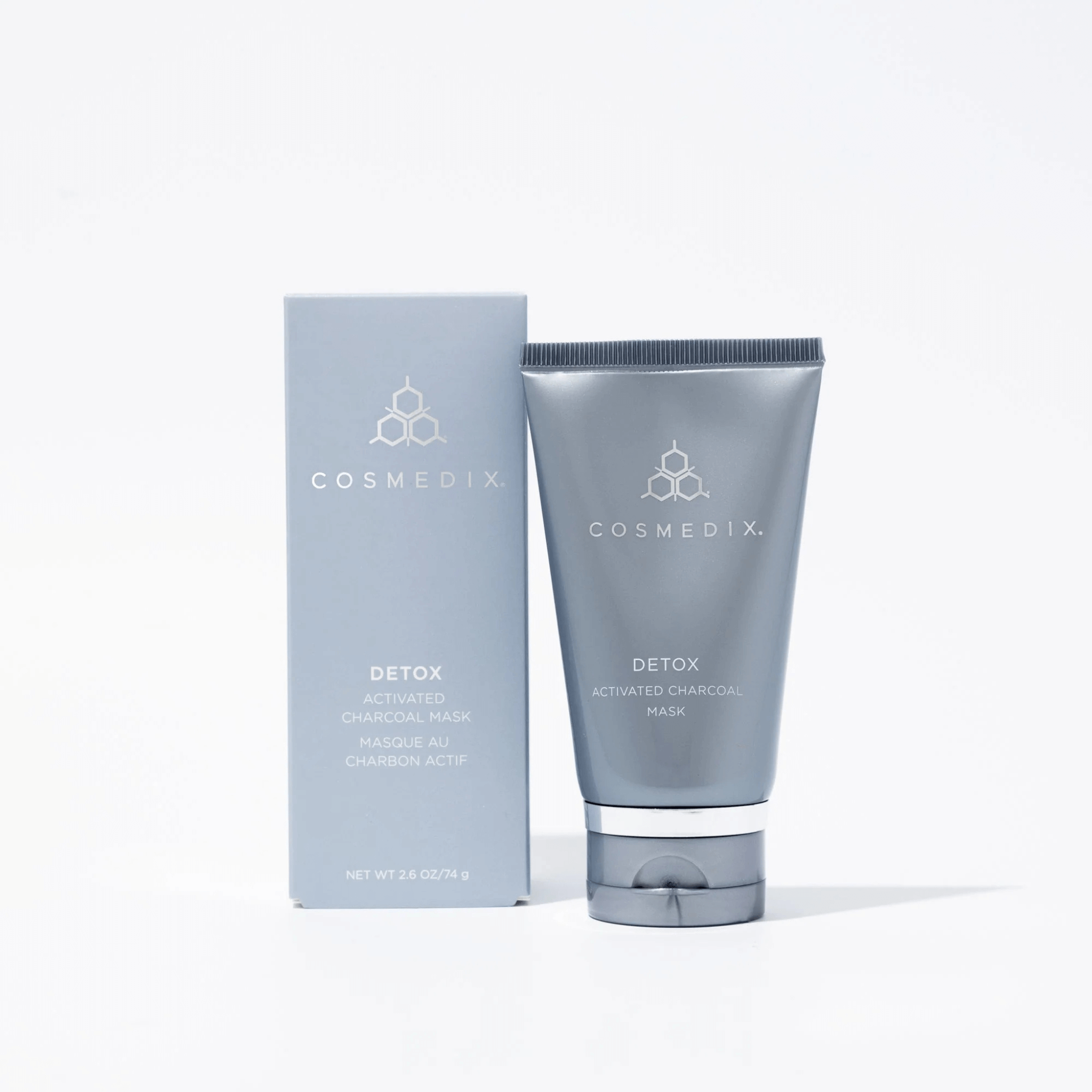 Cosmedix Detox charcoal mask with packaging on a white background