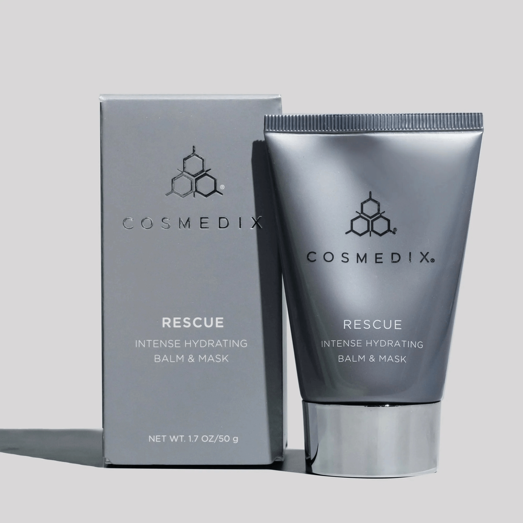 Cosmedix Rescue Intense Hydrating Balm & Mask with packaging on a light grey background
