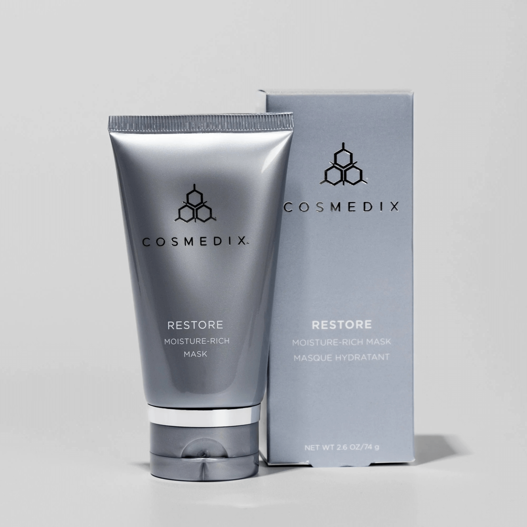 Cosmedix Restore Moisture-Rich Mask with packaging on a light grey background