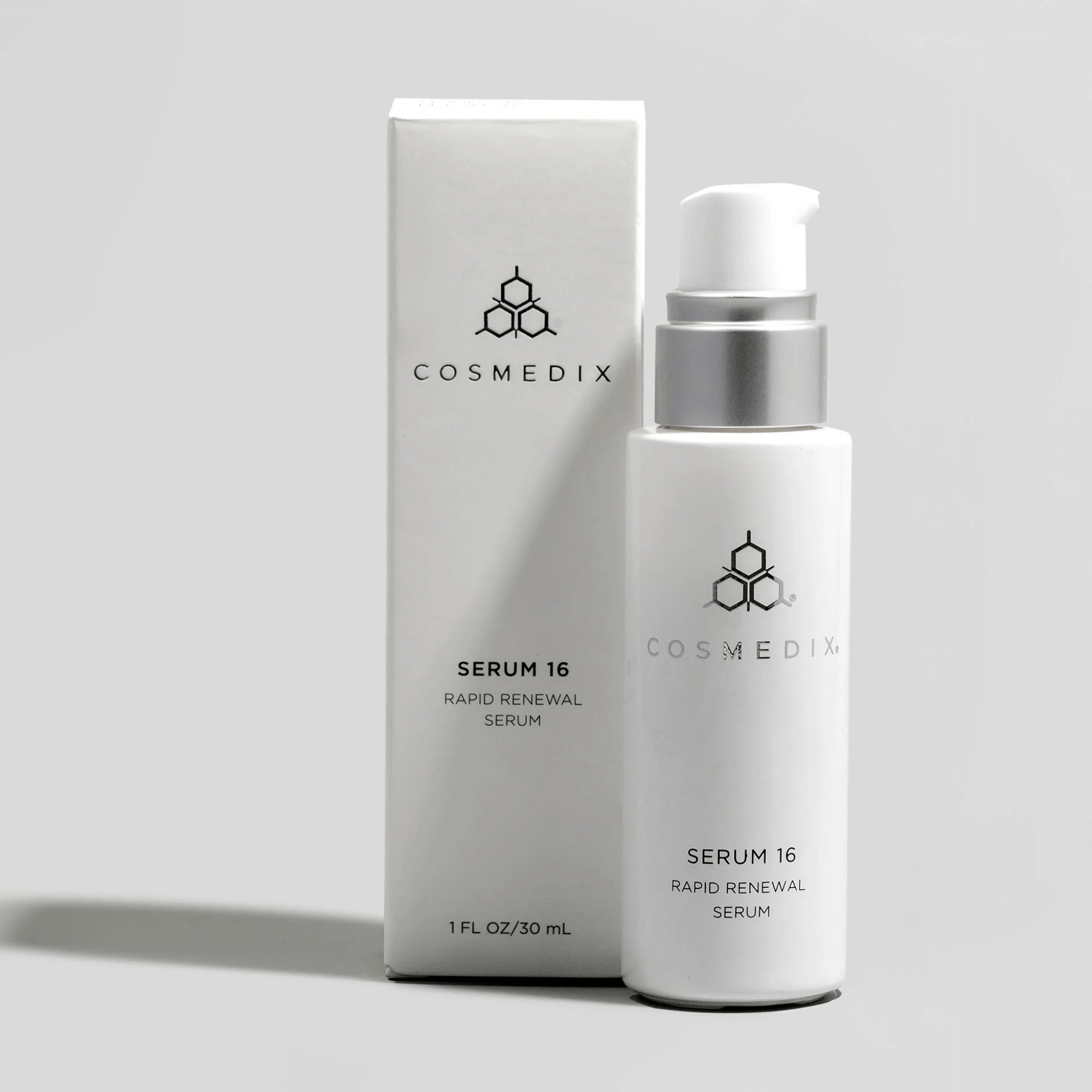 Cosmedix Serum 16 Rapid Renewal Serum bottle and packaging on a light grey background.