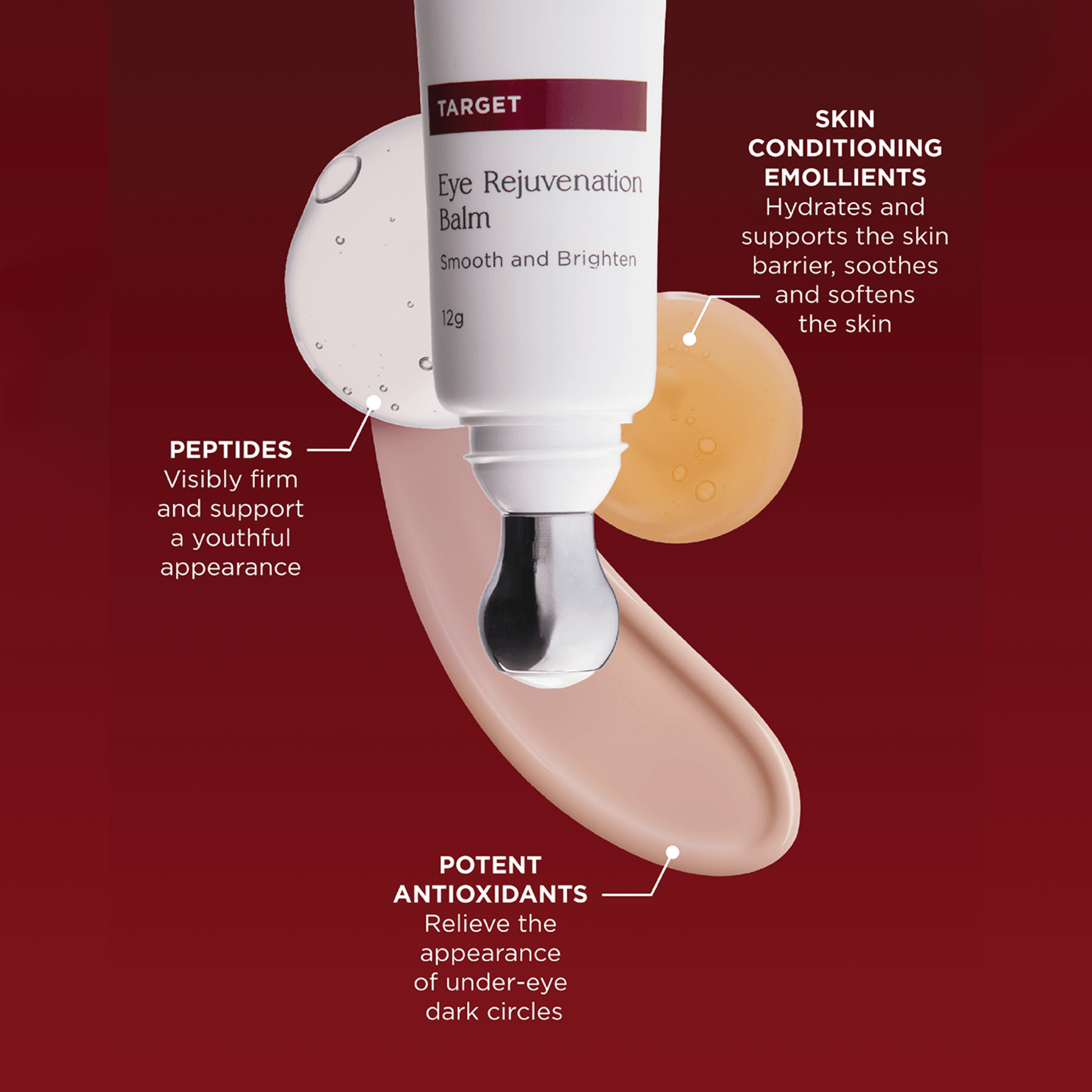 Aspect Dr Target Eye Rejuvenation Balm tube shown with a metal applicator tip, surrounded by product callout text and cream swatches on a dark red background.