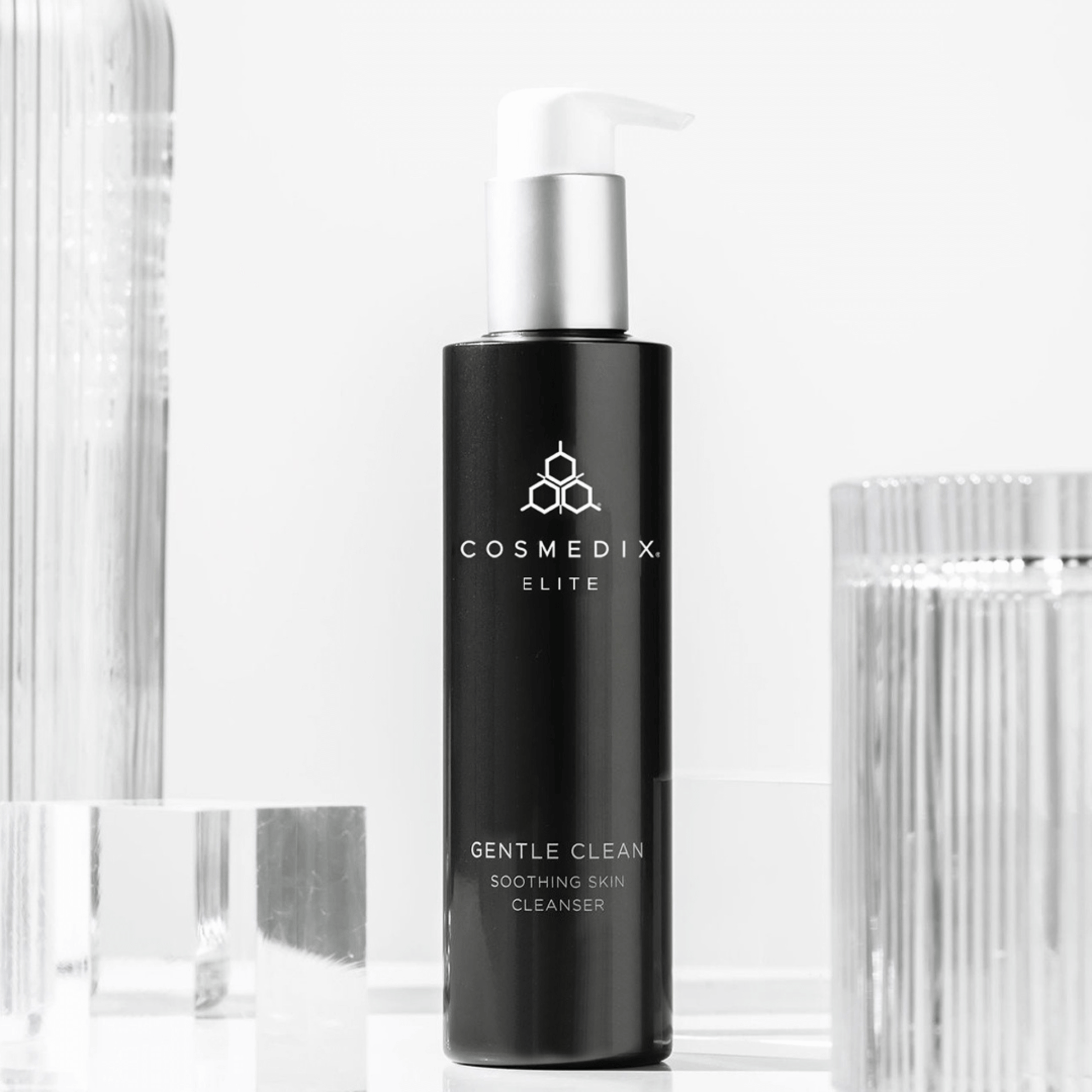 Cosmedix elite gentle clean cleanser bottle on white background