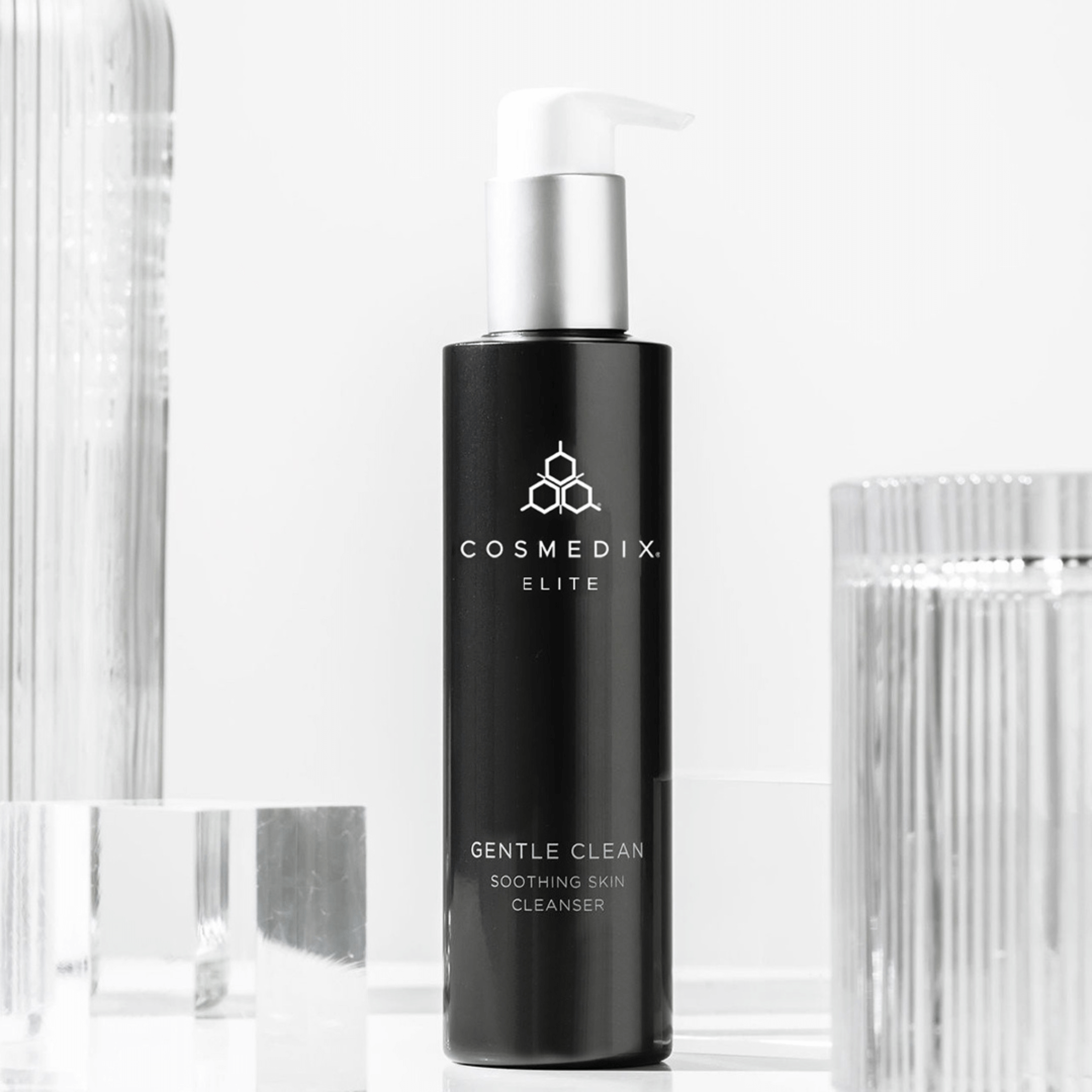 Cosmedix elite gentle clean cleanser bottle on white background