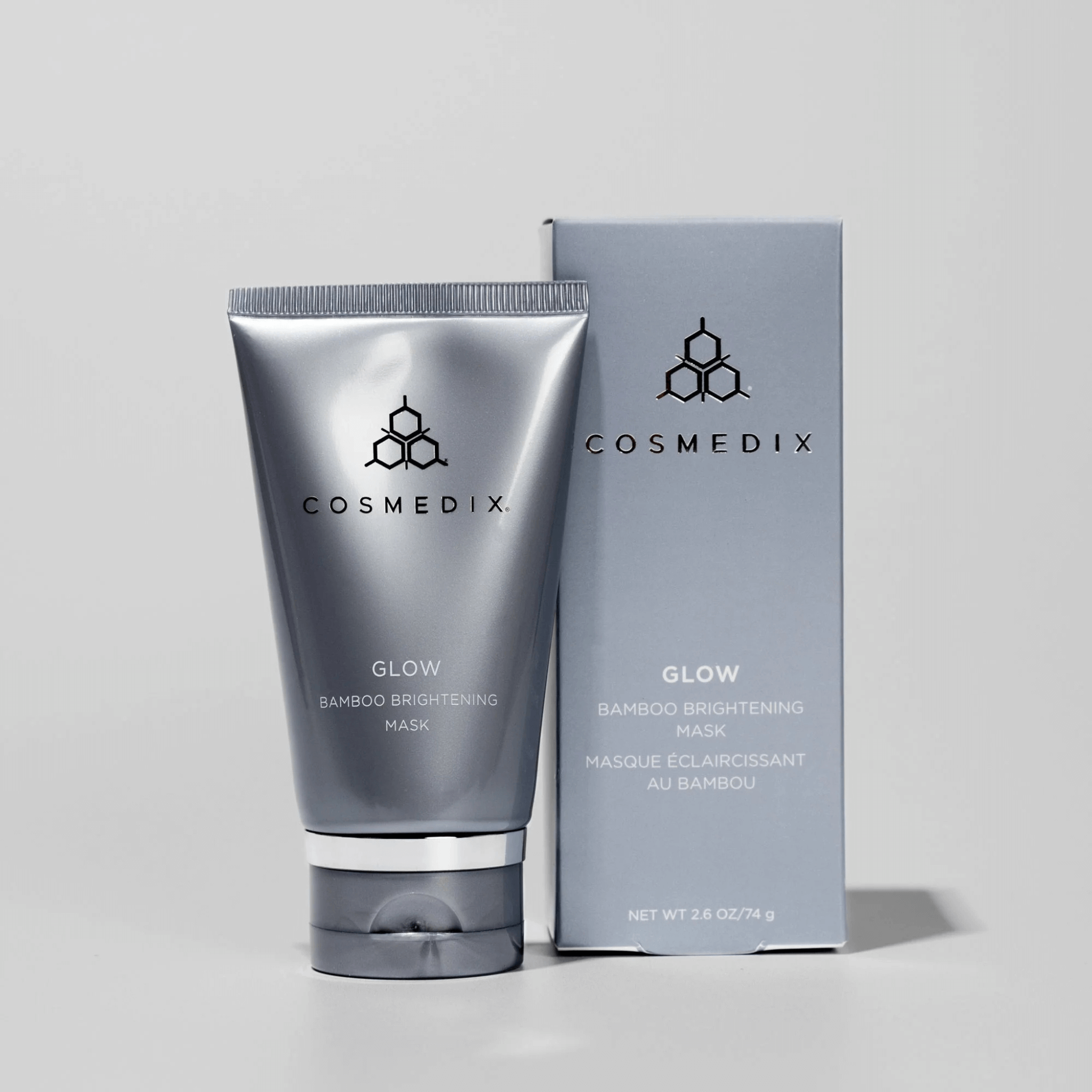 Cosmedix Glow Bamboo Brightening Mask with packaging on a light grey background