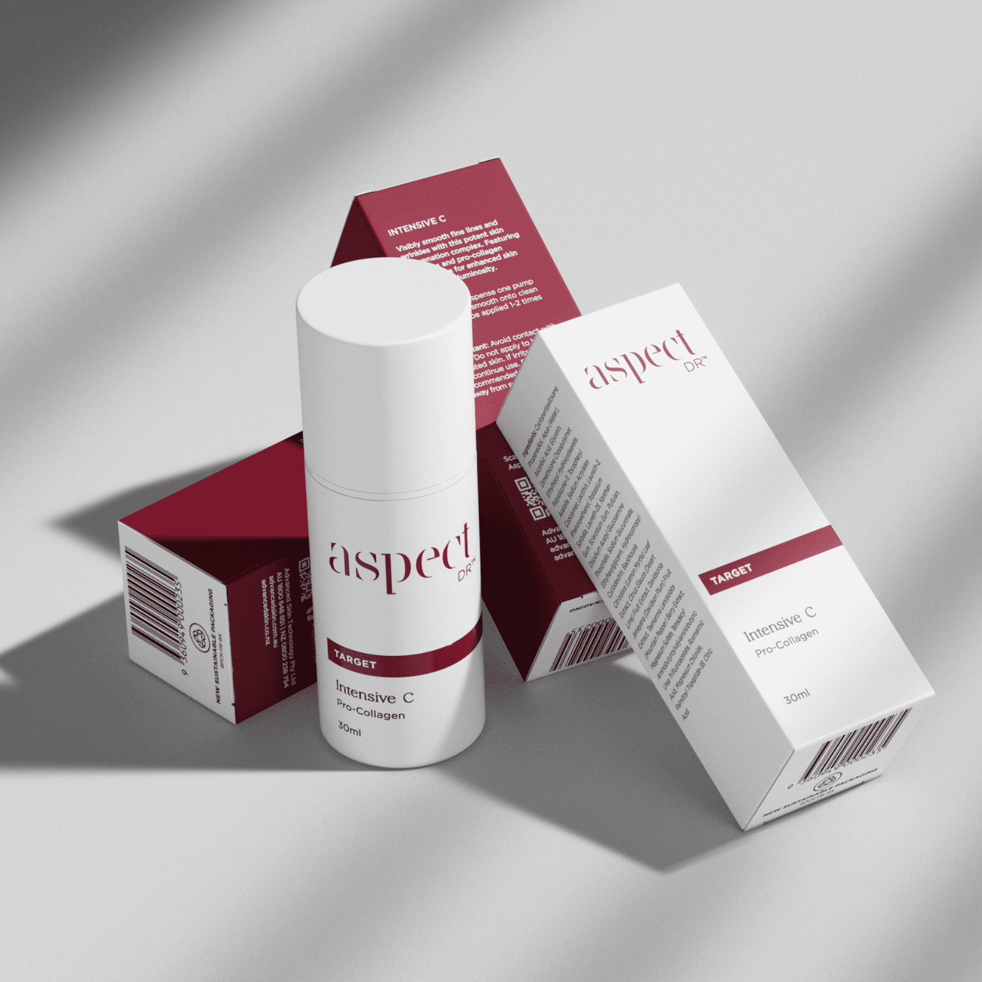 Intensive C products with 'aspect Dr' branding on a grey background