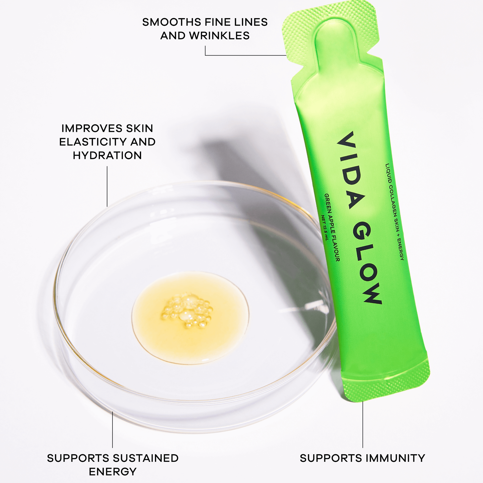 Vida Glow Liquid Collagen green apple sachet with benefits listed on a white background