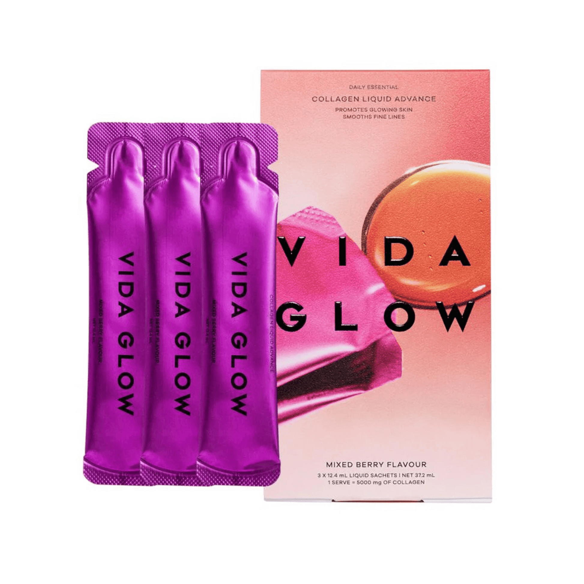 Vida Glow collagen liquid advance trial packets and box on a white background
