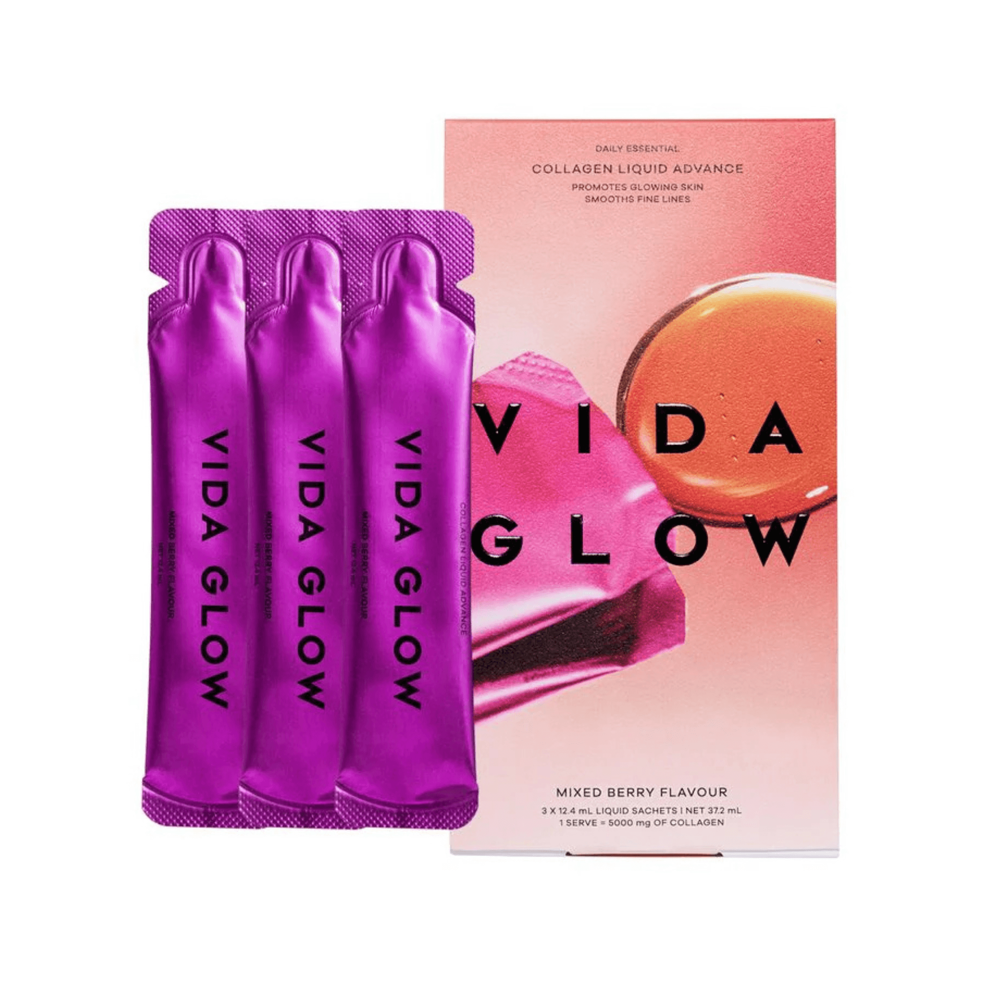 Vida Glow collagen liquid advance trial packets and box on a white background