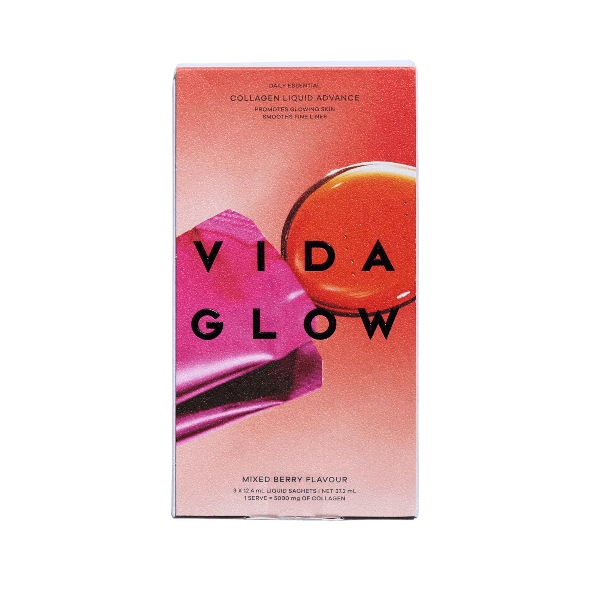 Vida Glow Mixed Berry Collagen liquid advance package with a pink and orange design on a white background