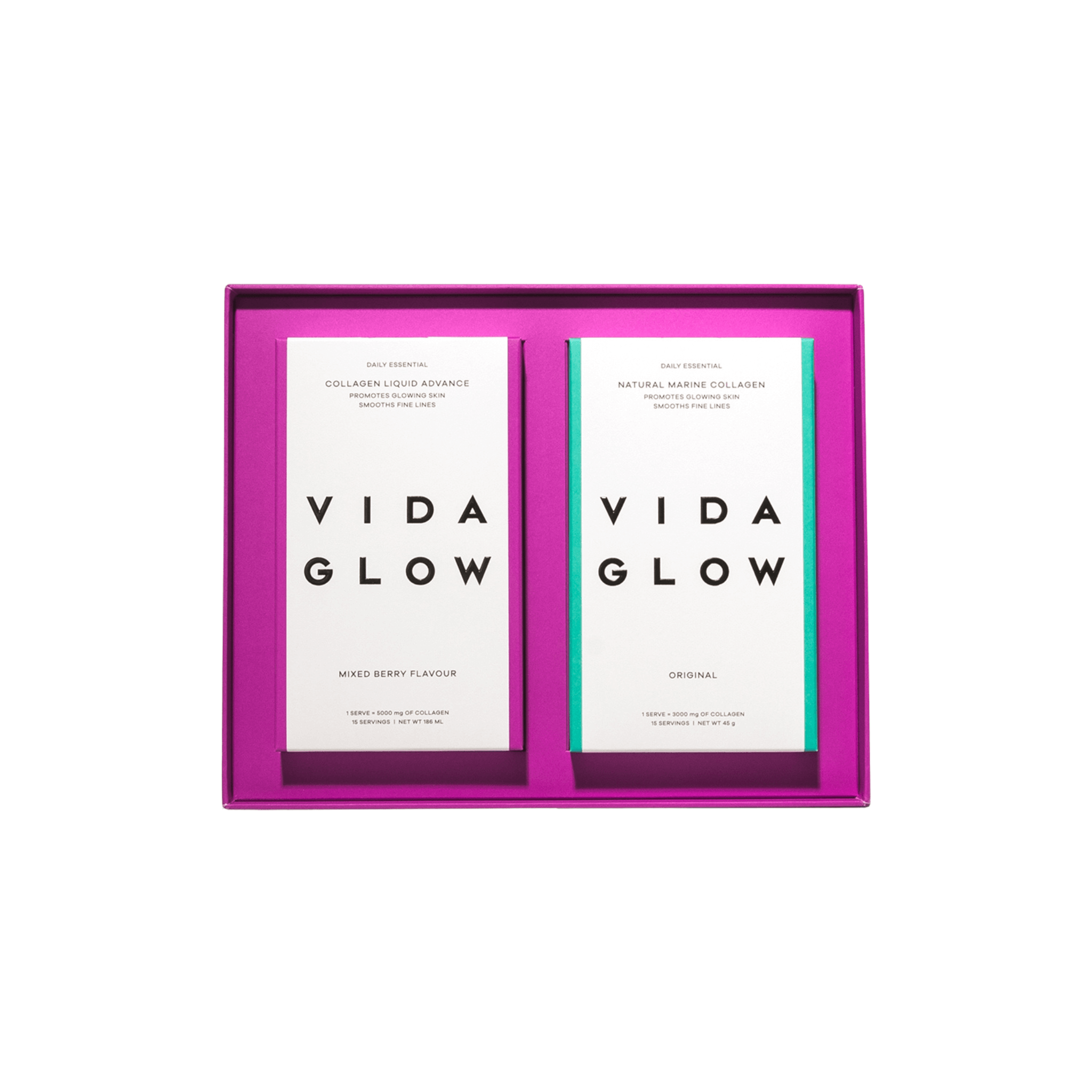 Vida Glow holiday collection mixed berry and original packs open box on white background