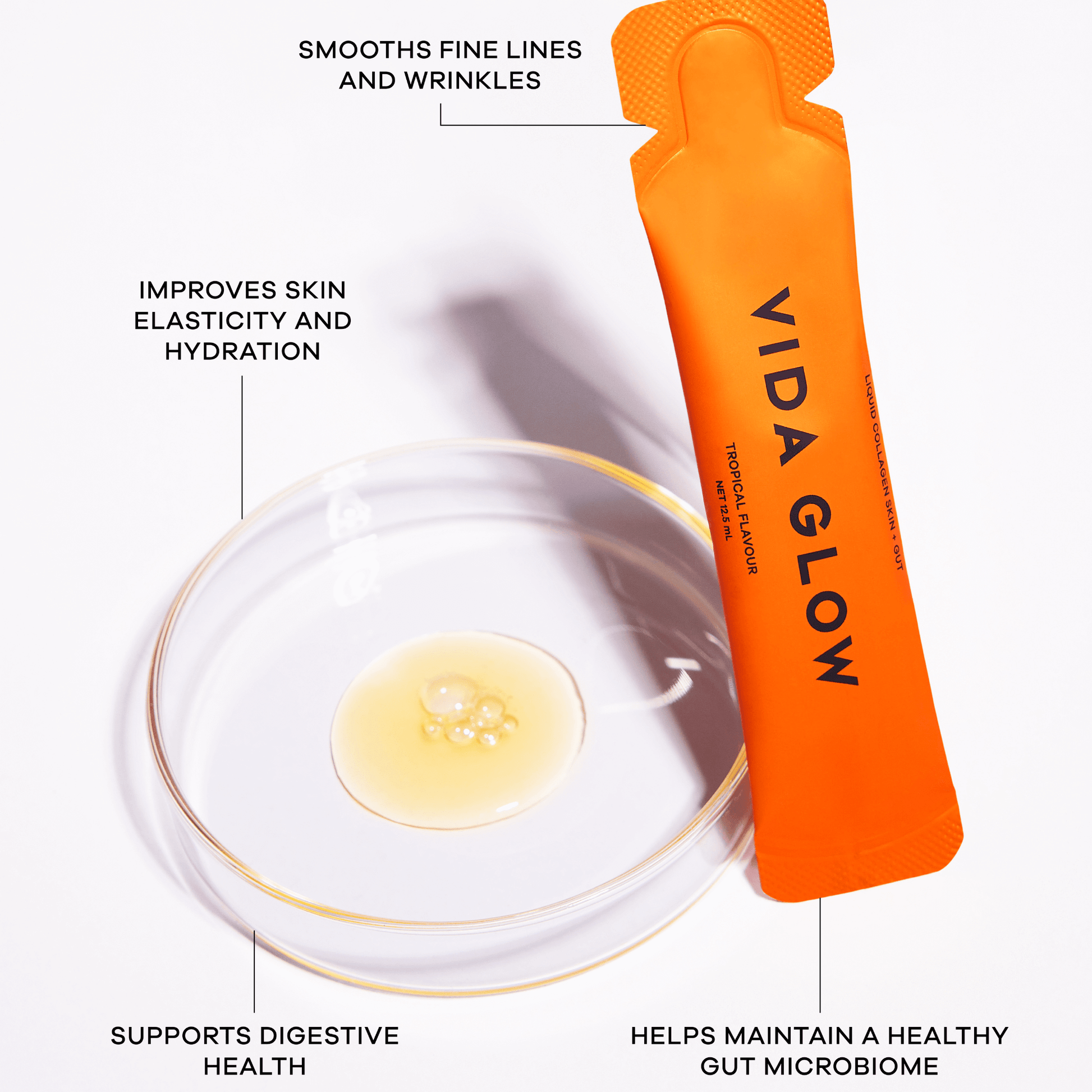 Vida Glow Liquid Collagen Tropical flavour with benefits listed on a white background