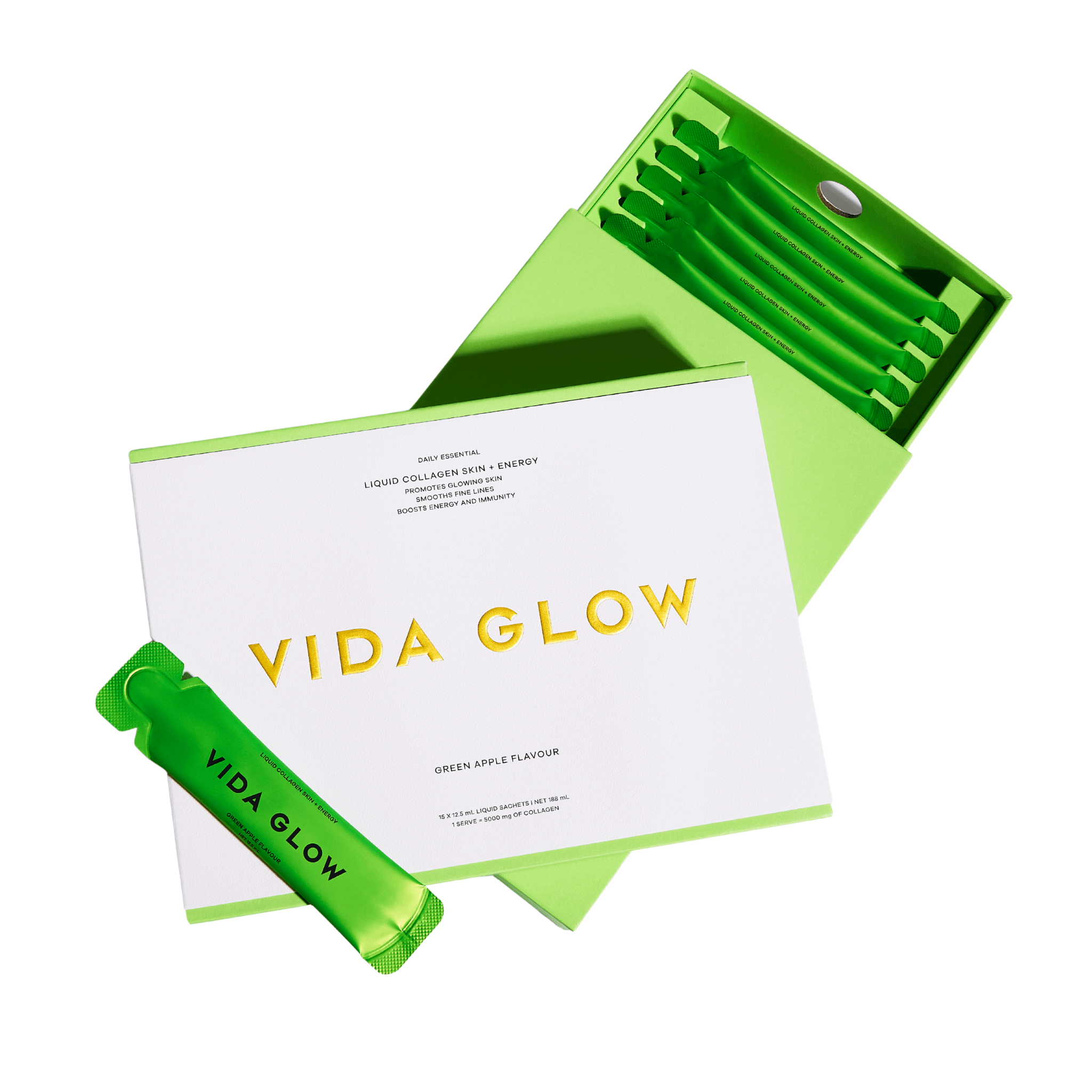 Vida Glow Liquid Collagen Skin and Energy packaging with green container and white insert on a white background