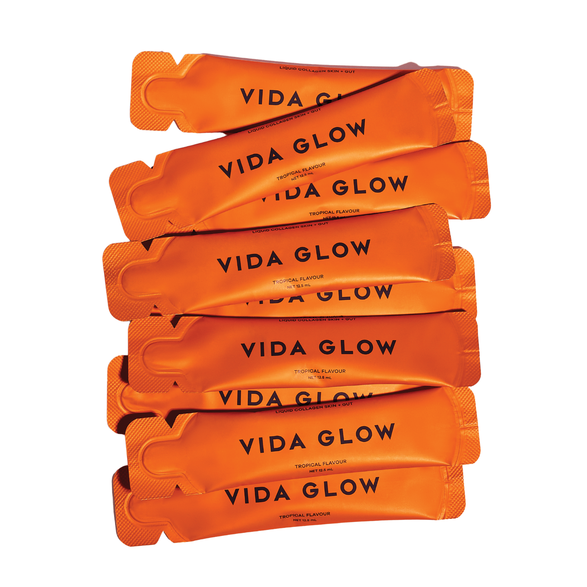 Stack of Vida Glow Tropical flavour packets on a white background