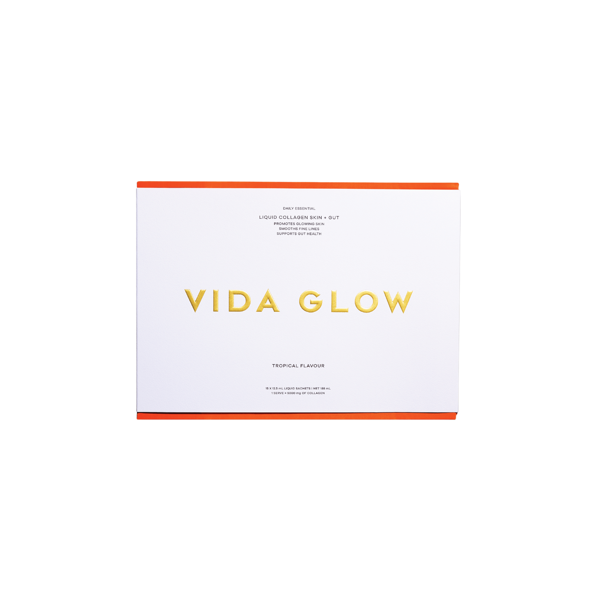 Front of Vida Glow Liquid Collagen Skin and Gut product packaging on a white background
