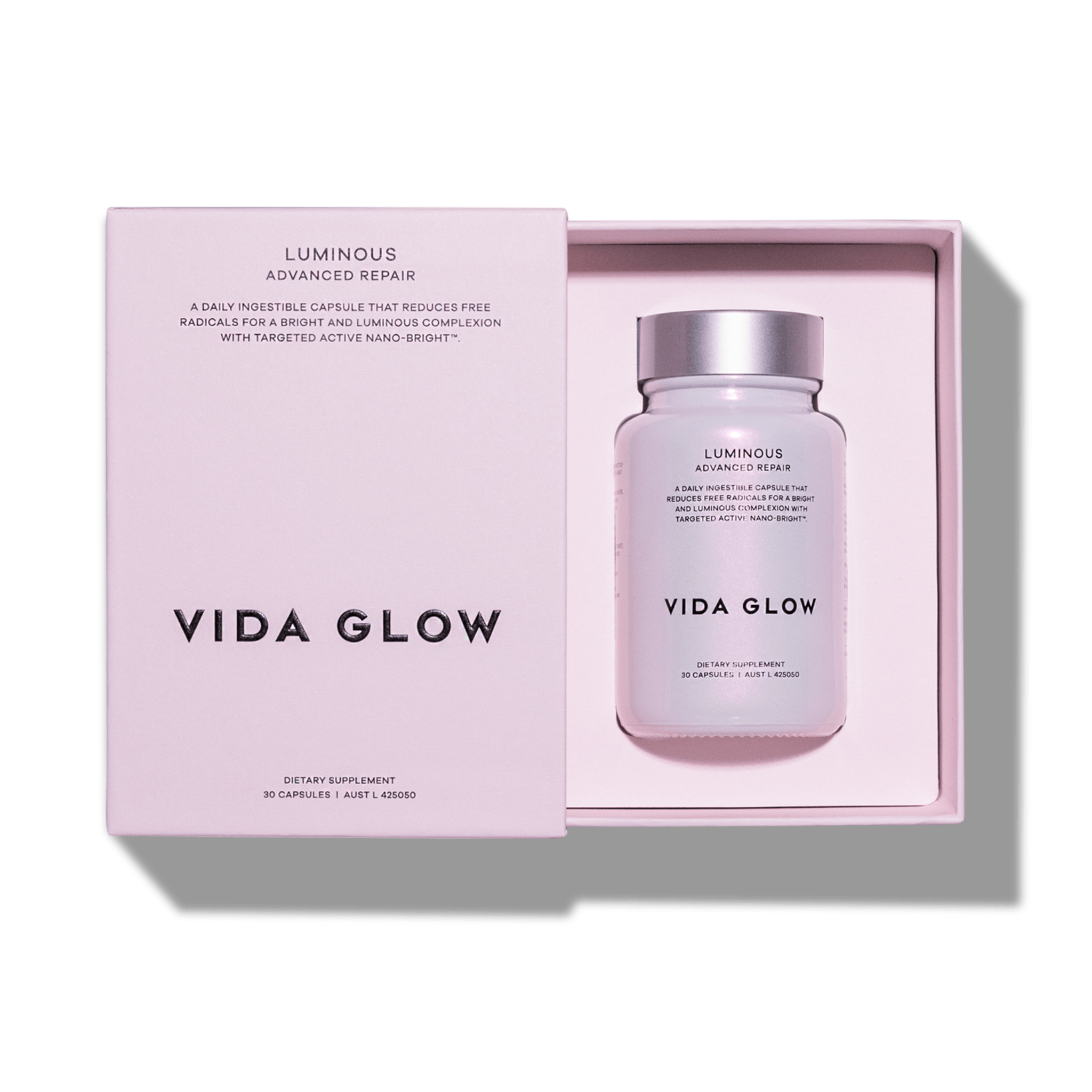 Vida Glow packaging and bottle on a white background