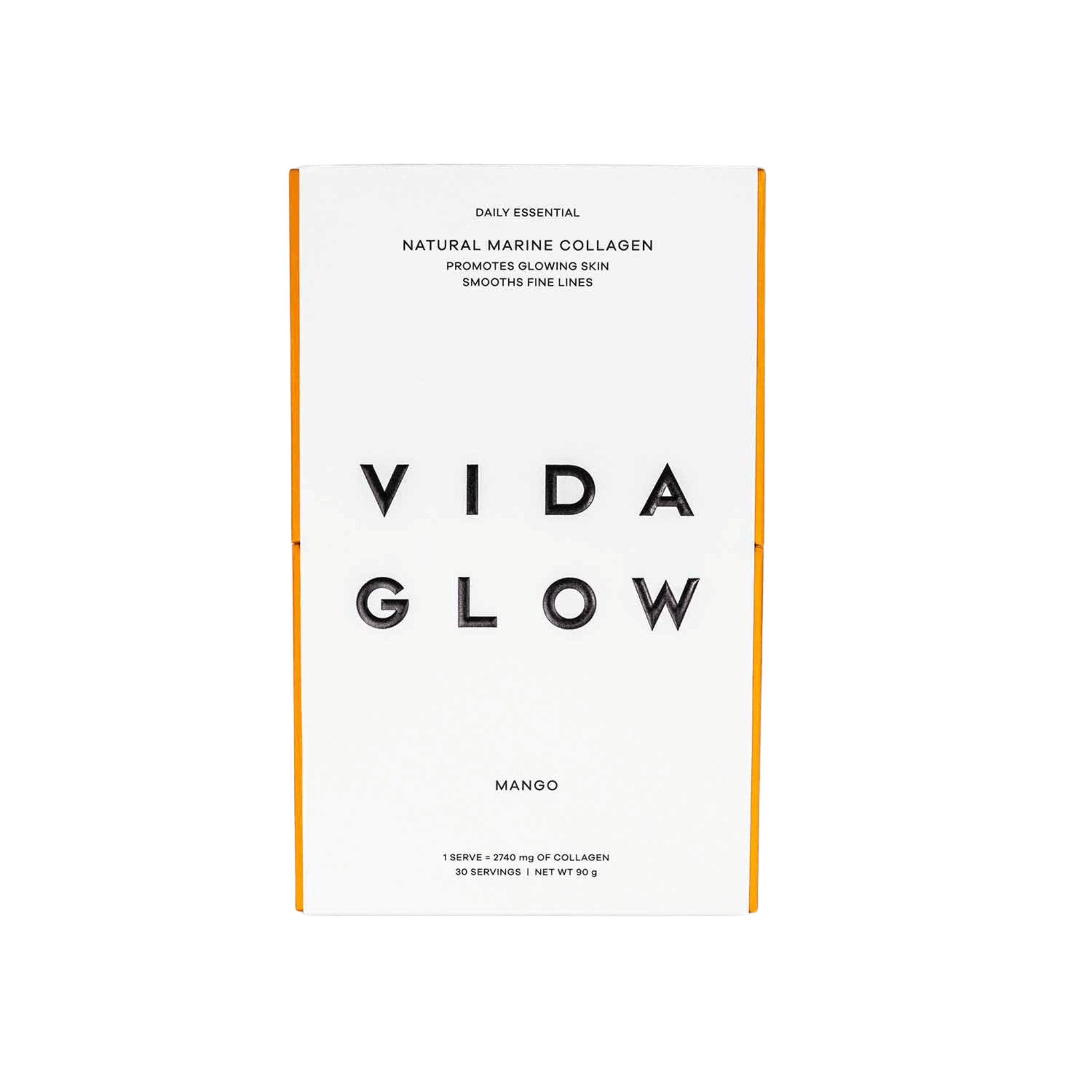 Vida Glow front of mango box 30 serves on white background