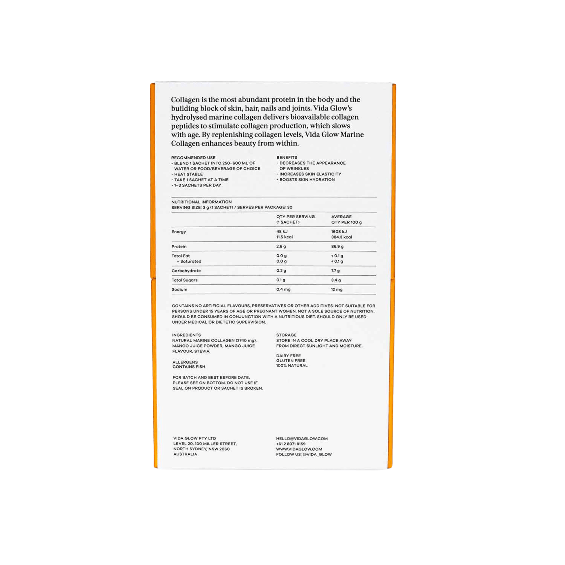 Vida Glow Mango sachet back of box on white background