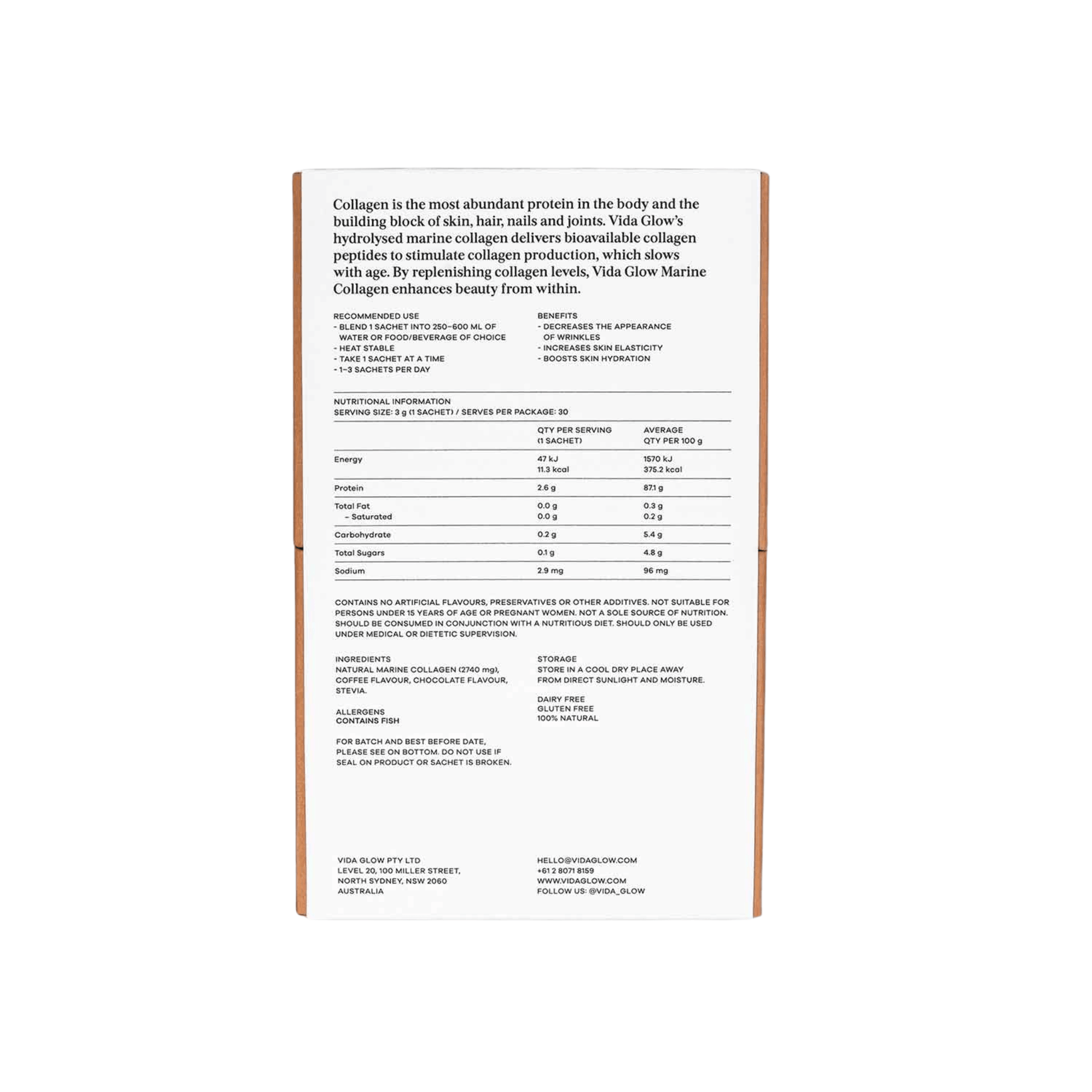 Vida Glow Mocha coffee sachet back of box on white background