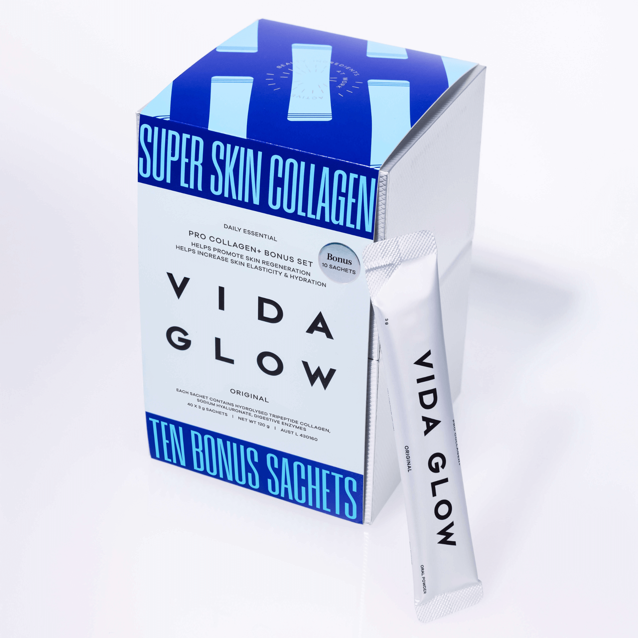 Vida Glow Super Skin Pro Collagen+ packaging with a sachet on a white background