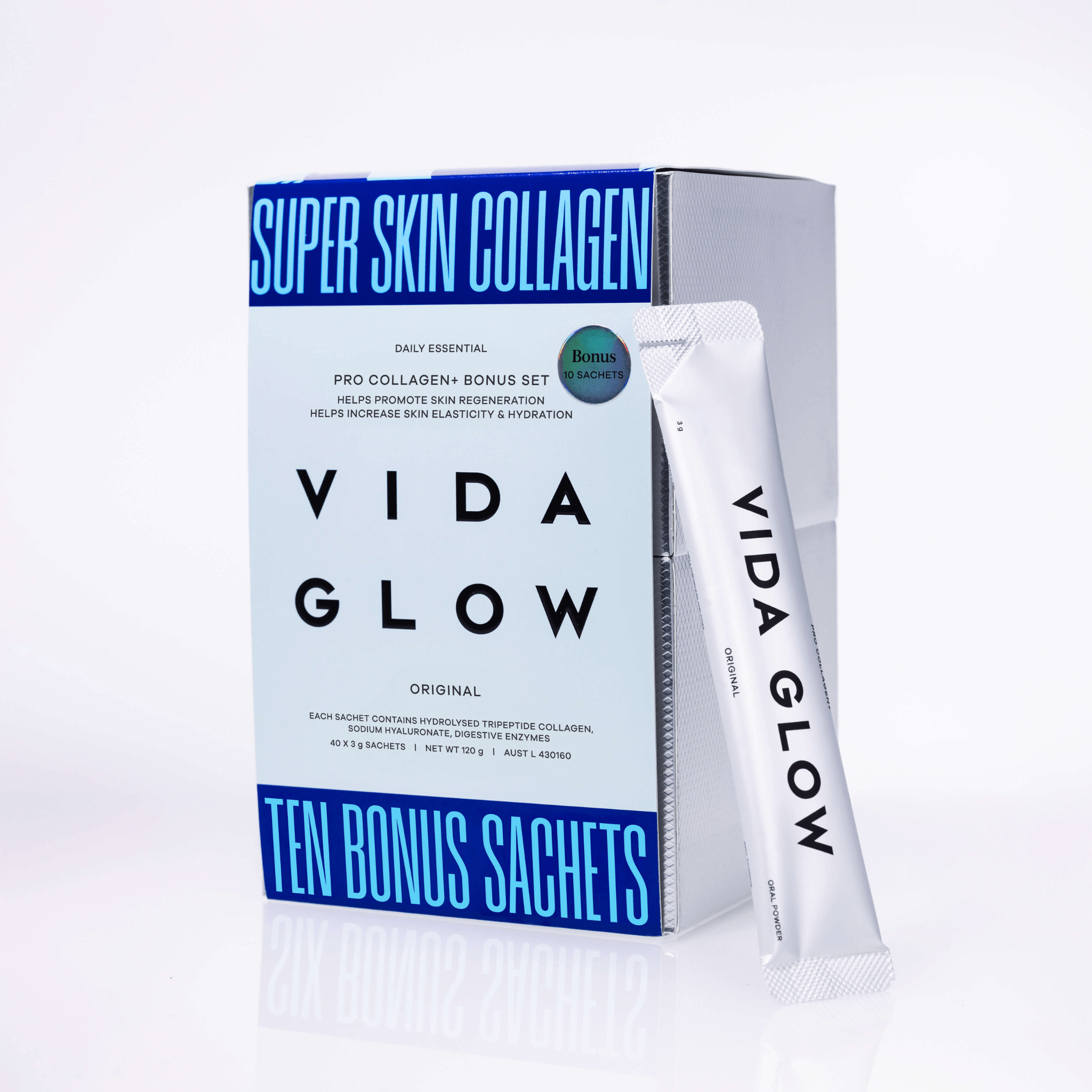 Vida Glow Pro Collagen + bonus 10 sachets set packaging with a sachet on a white background