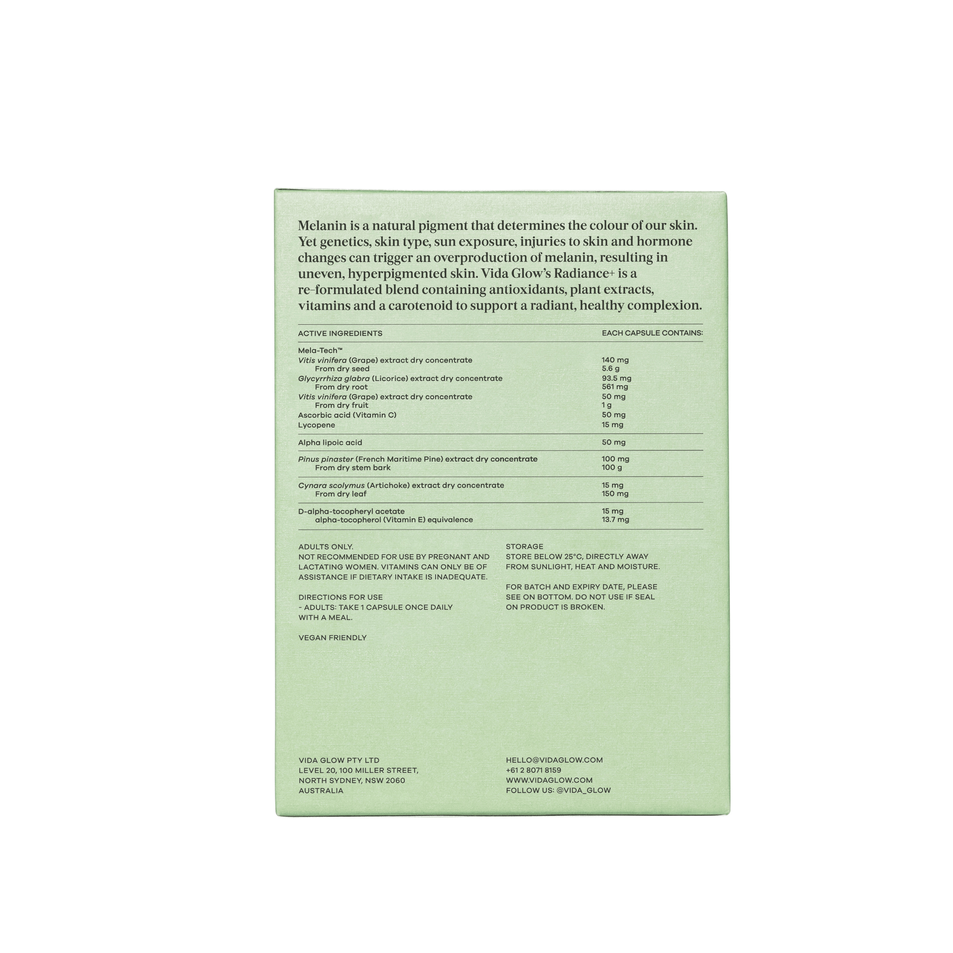 Vida Glow back of Radiance Plus product packaging with text on a white background