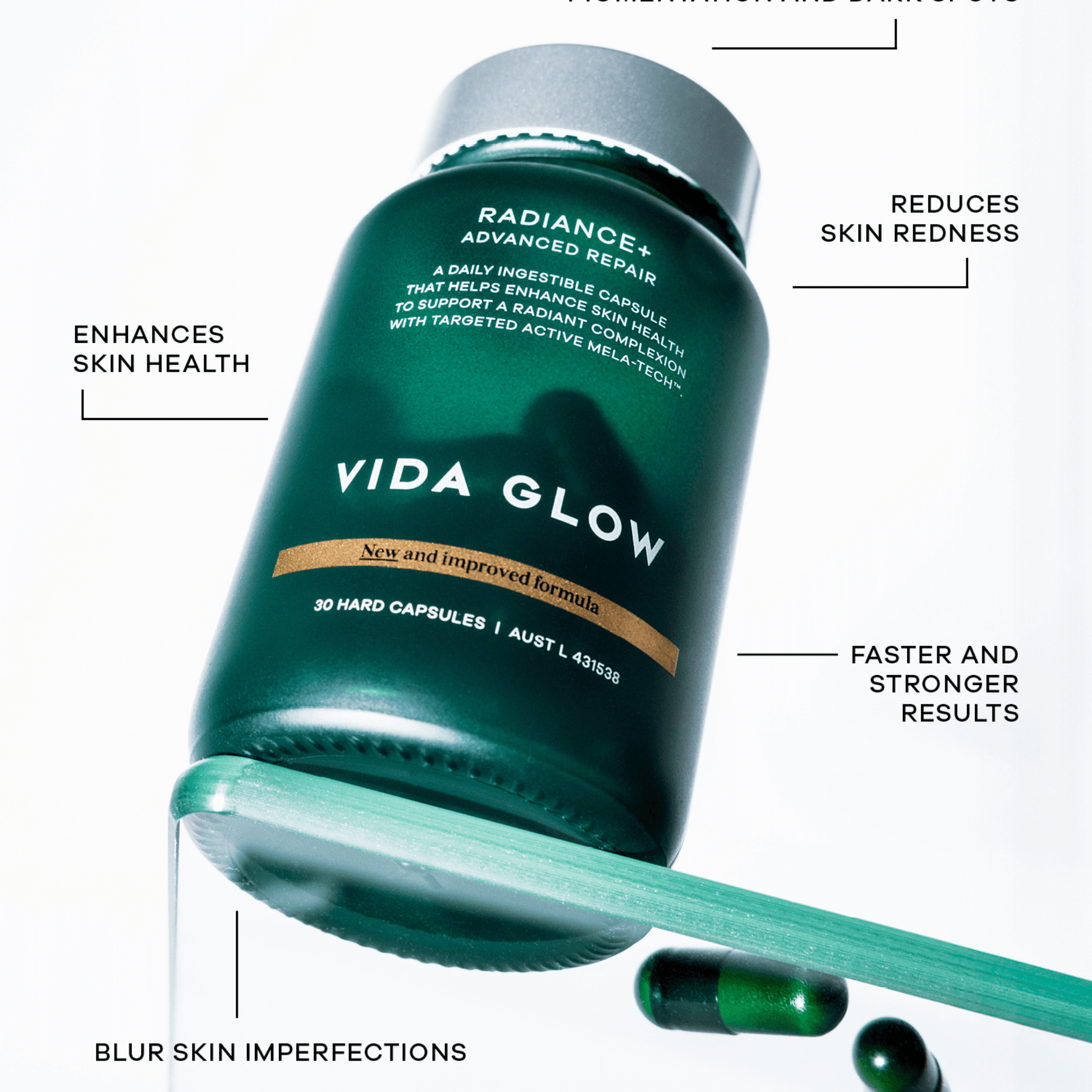 Vida Glow Radiance Plus bottle with text highlighting benefits on a white background