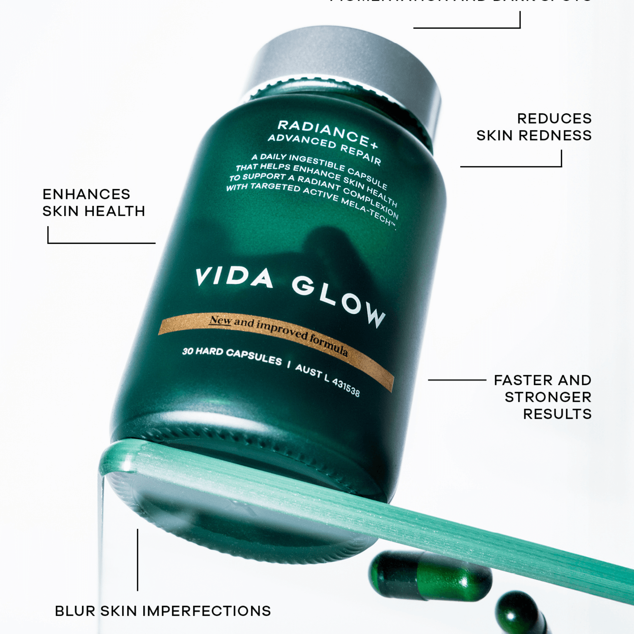 Vida Glow Radiance Plus bottle with text highlighting benefits on a white background