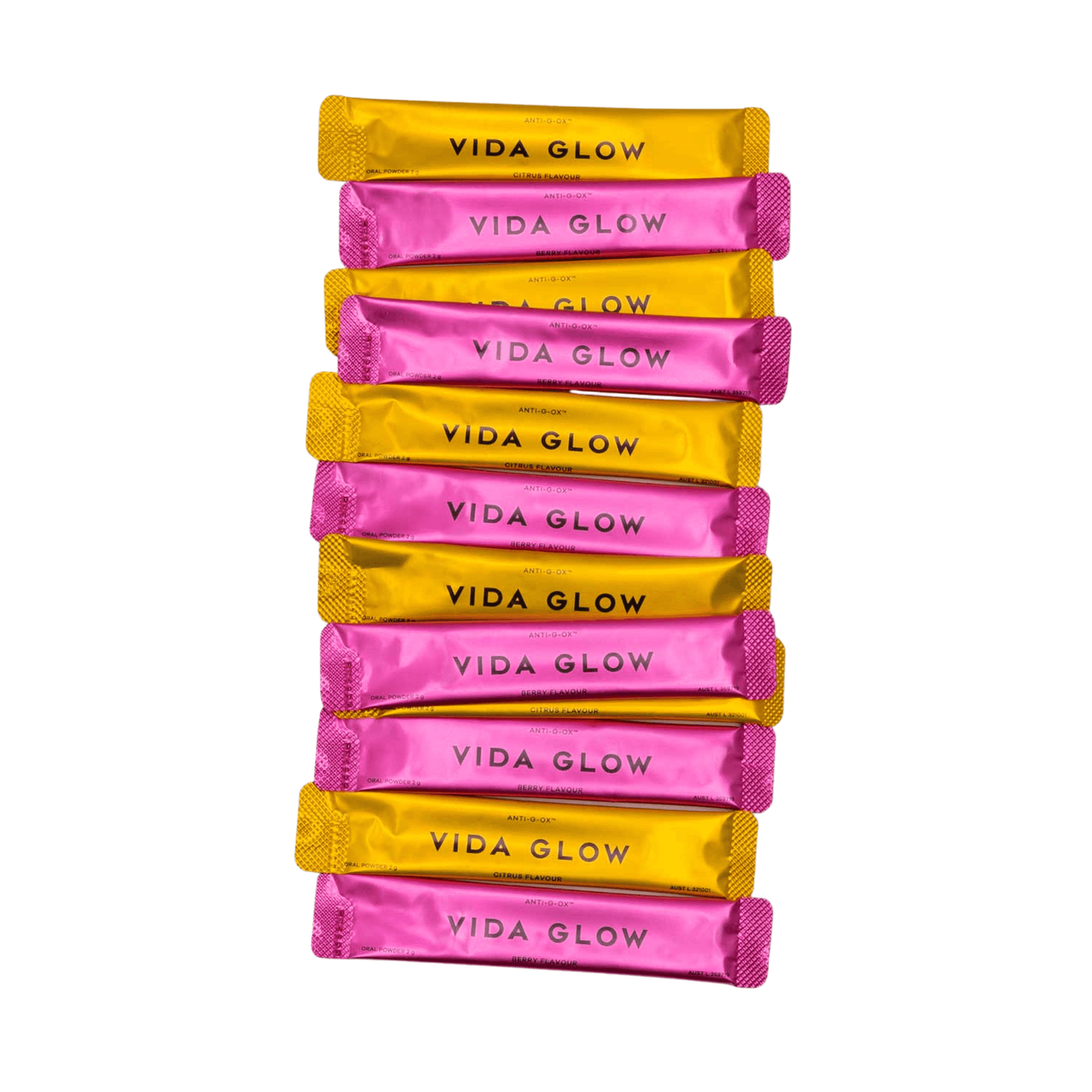 Vida Glow anti-G-ox mixed sachets on white background