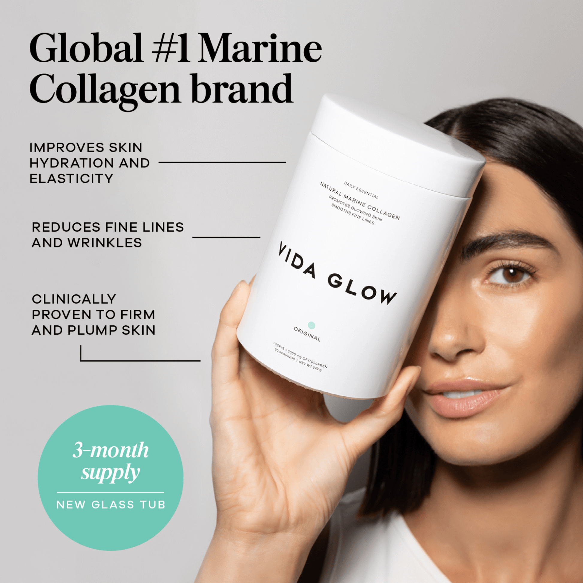 Vida Glow benefits map with model holding original glass jar