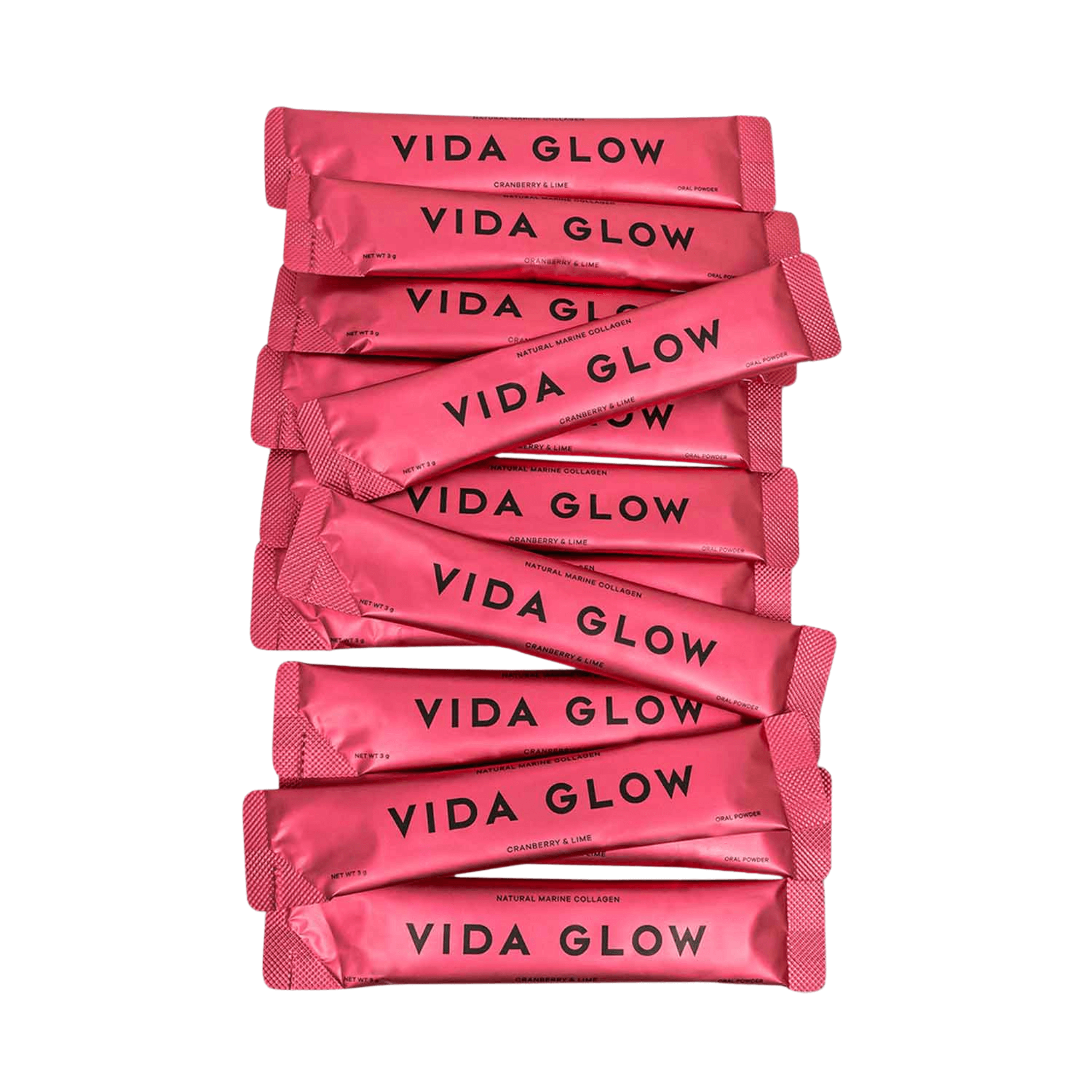 Vida Glow Cranberry and lime sachets stacked on white background