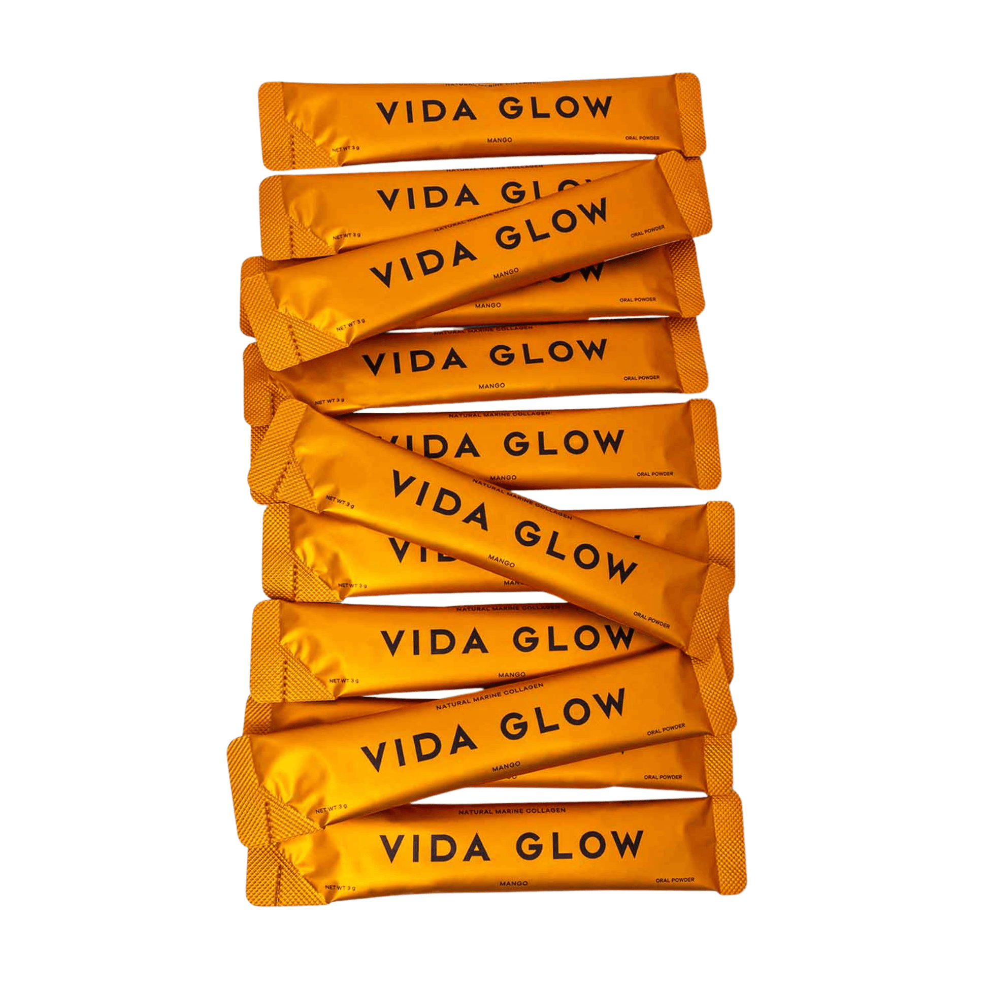 Vida Glow mango sachets stack on white background