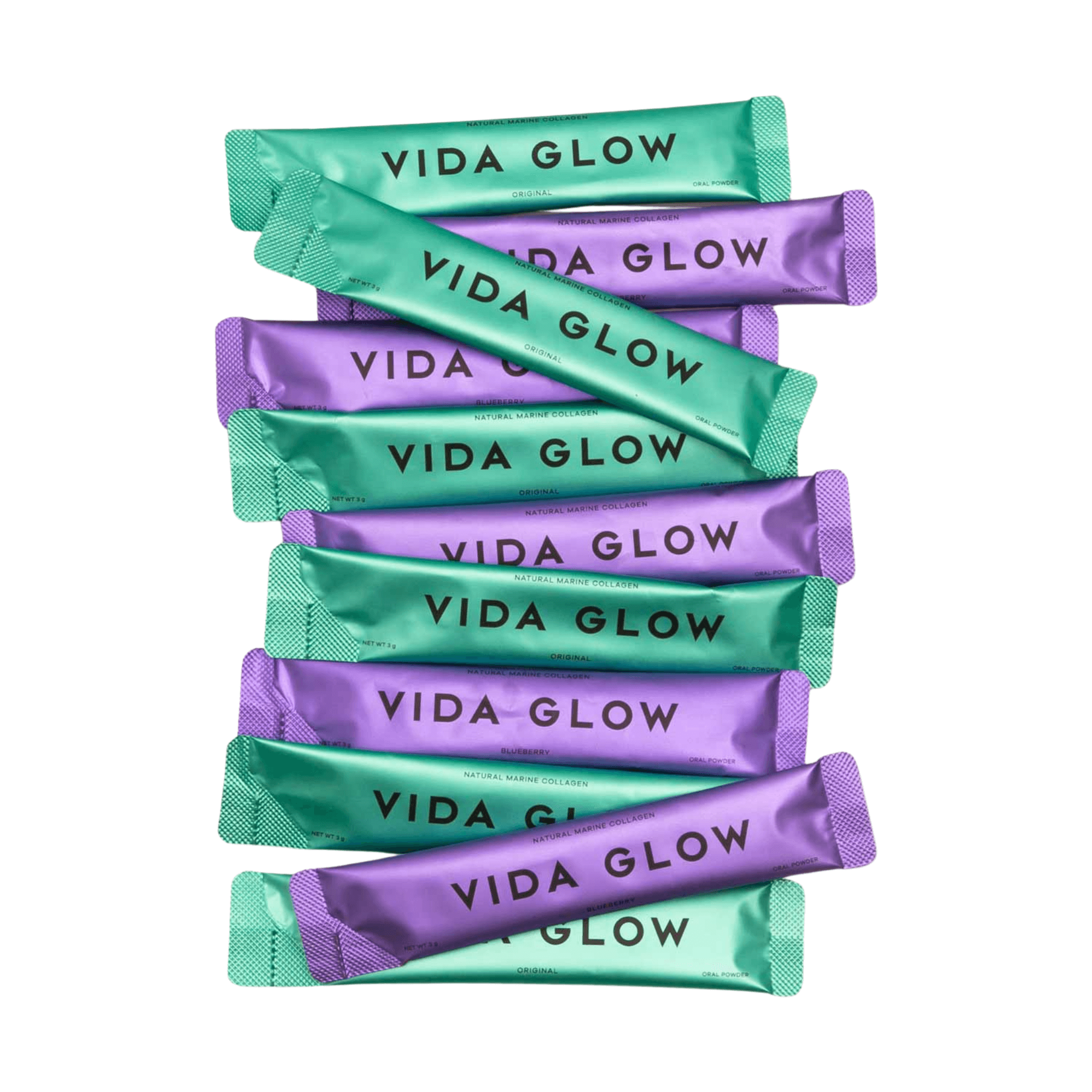 Vida Glow original and blueberry mixed trial pack stack of sachets on white background