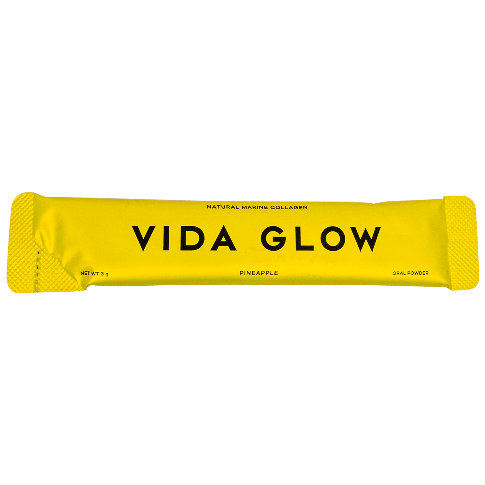 Vida Glow pineapple sachet close up on white background