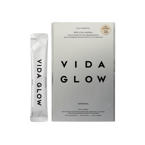 Vida Glow pro collagen+ box and sachet on white background