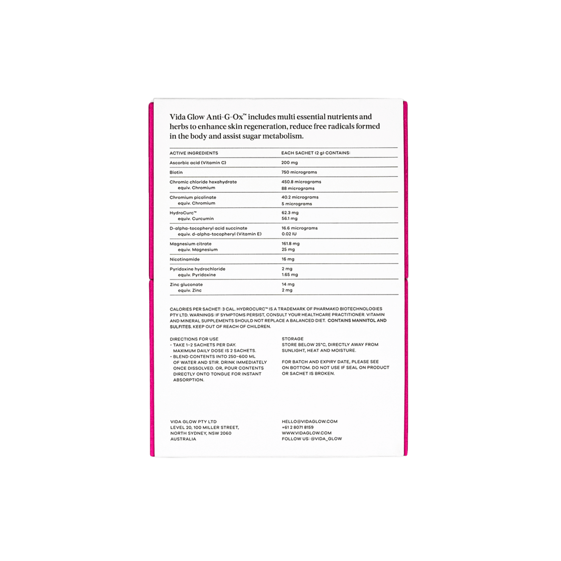 Vida Glow Anti G Ox Berry back of Product label with text on a white background