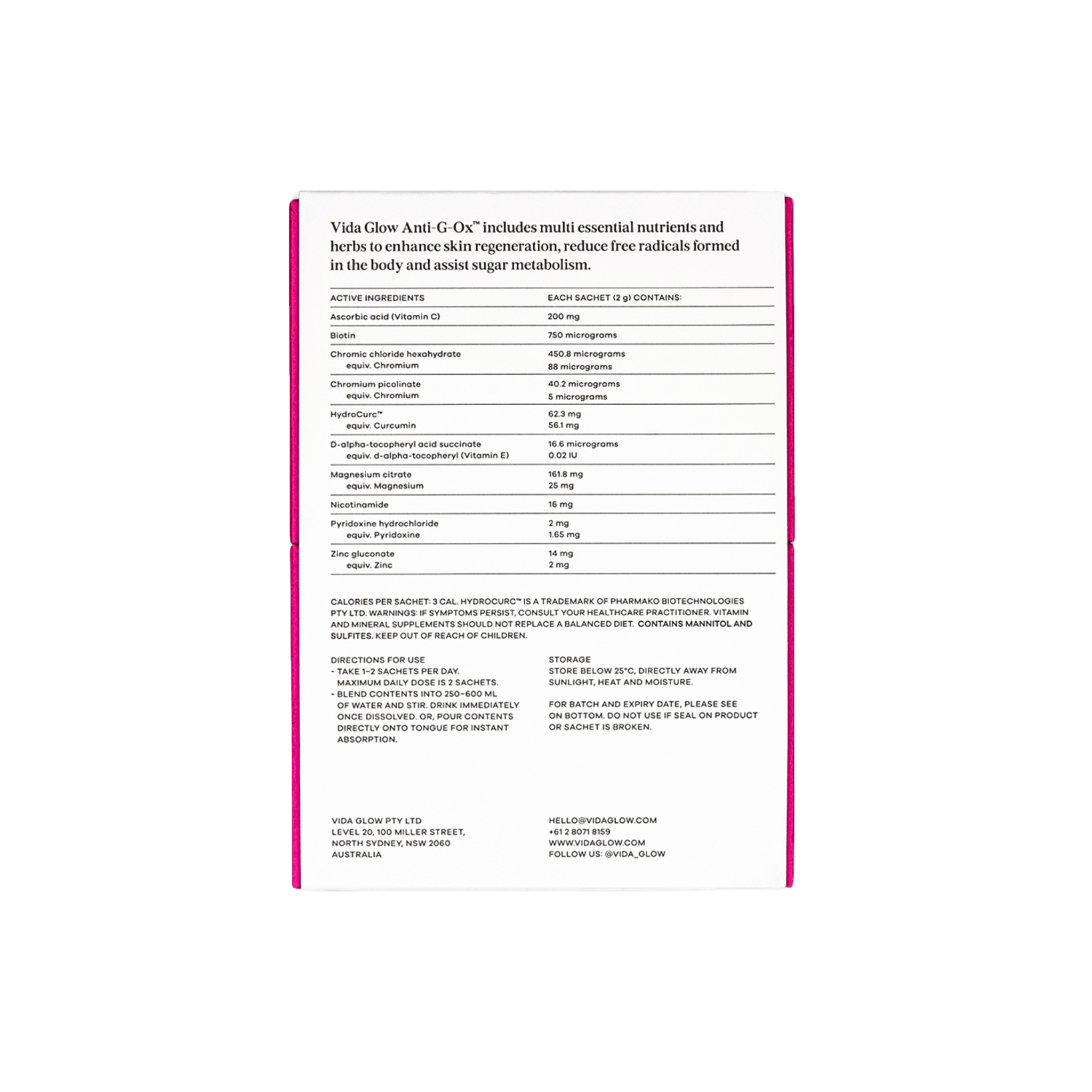 Vida Glow Anti G Ox Berry back of Product label with text on a white background