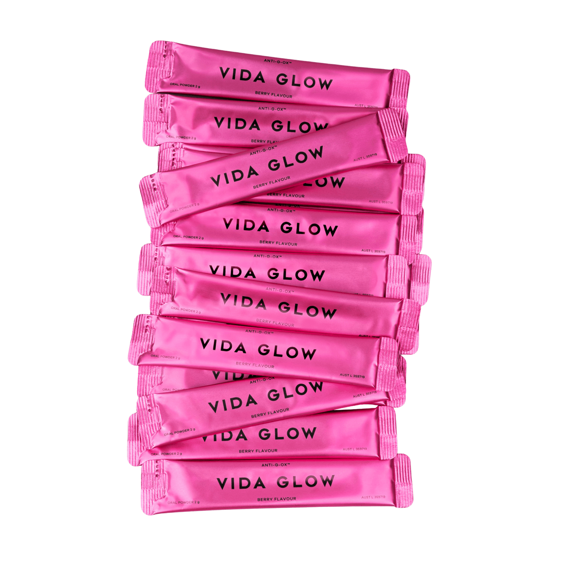 Stack of Vida Glow Berry Flavour on a white background